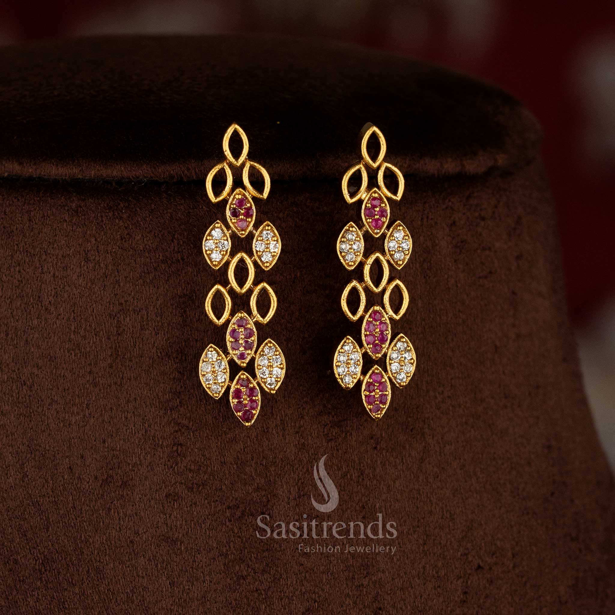 Luxurious American Diamond Matte Gold Plated Geometric Floral Link Necklace Jewellery Set | Party & Festive wear - Image 3