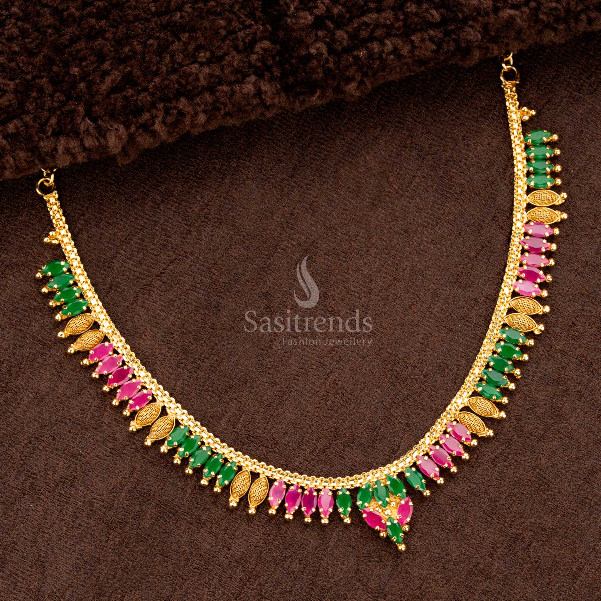Exquisite One Gram Micro Gold Plated Necklace with Ruby AD Stones - Sasitrends - Image 2