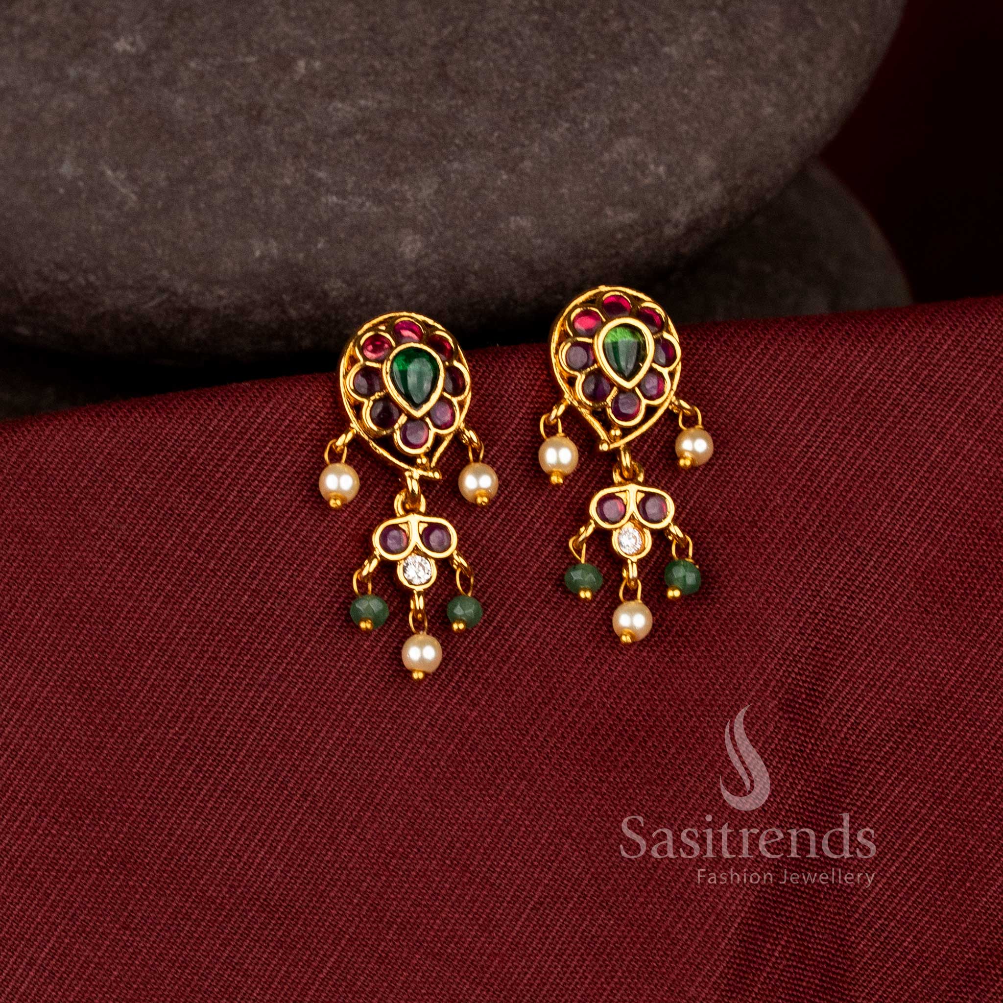 Elegant Paisley Flower AD Stone Matte Gold Plated Drop Earrings for Festive Wear - Sasitrends - Image 2