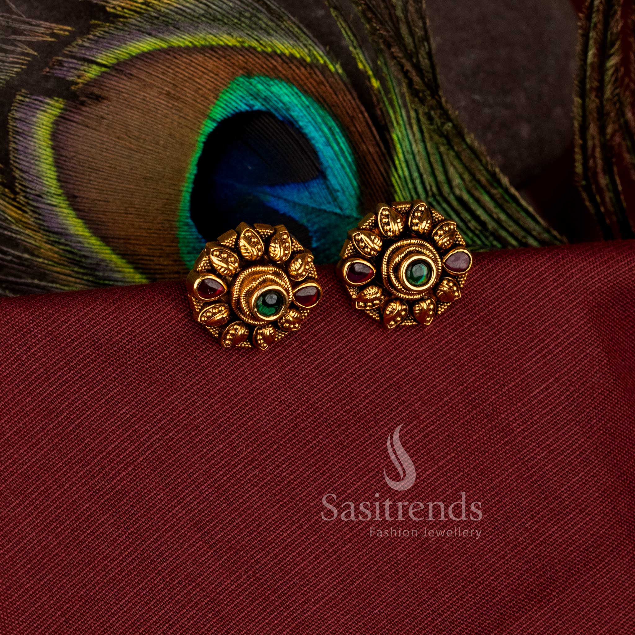 Stunning Round Sun Coin AD Stone Matte Gold Plated Stud Earrings for Festive Wear - Sasitrends