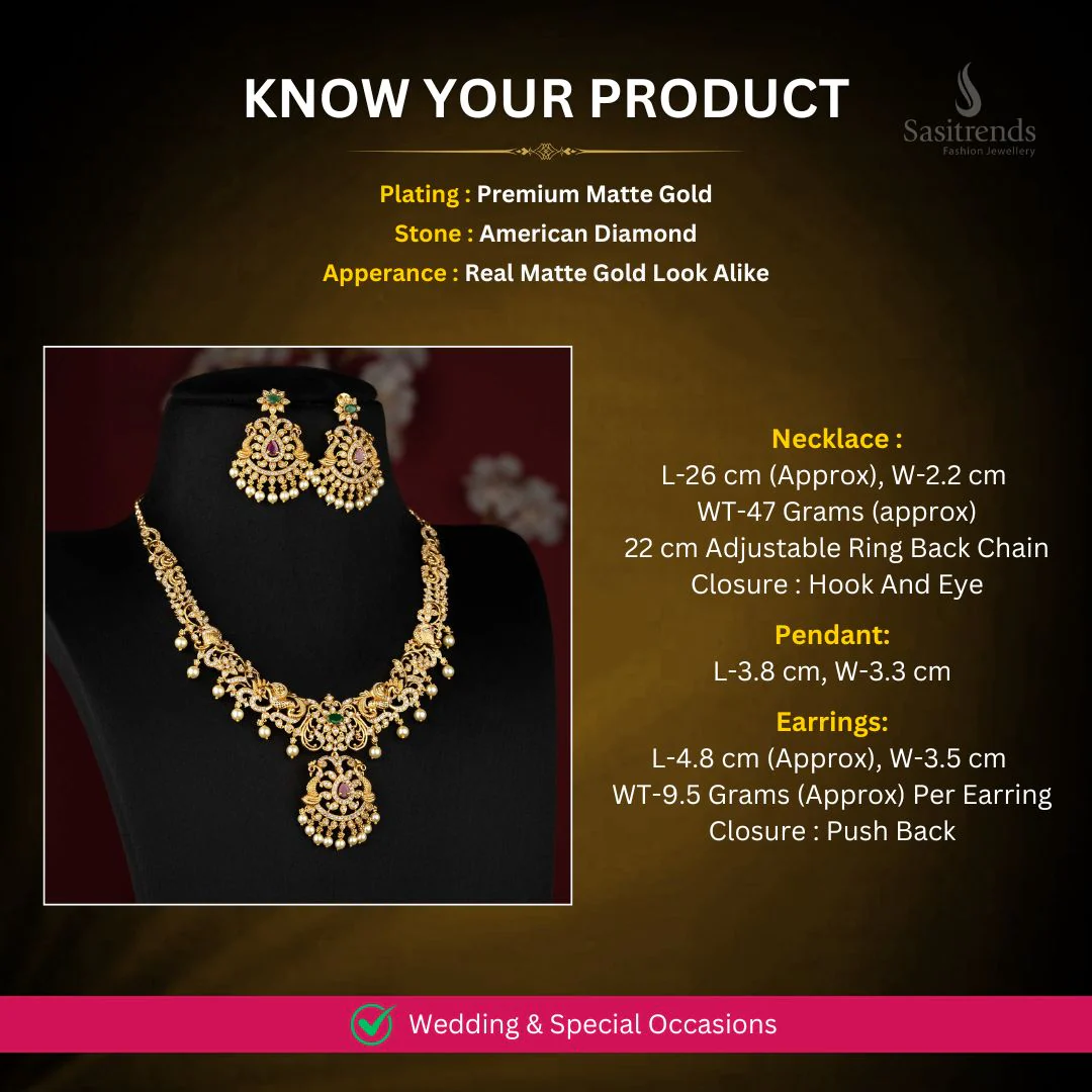 Bridal Wear Temple Matte Gold Tone AD Peacock Floral Pearl Choker Necklace Jewellery Set - Sasitrends - Image 2