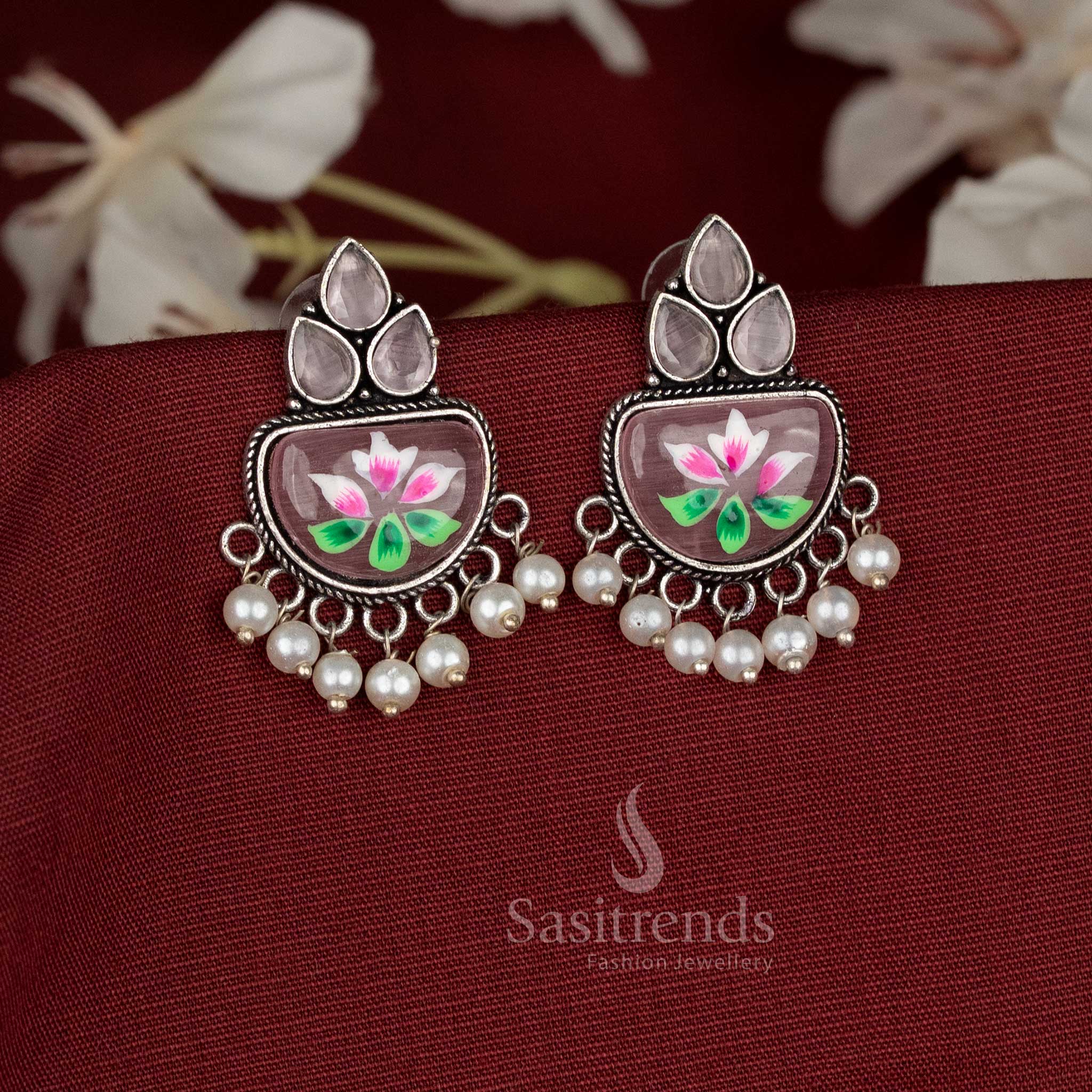 Hand-Painted Oxidised Monalisa Stone Teardrop Motif Earrings with Hanging Pearls | Casual Wear - Image 7