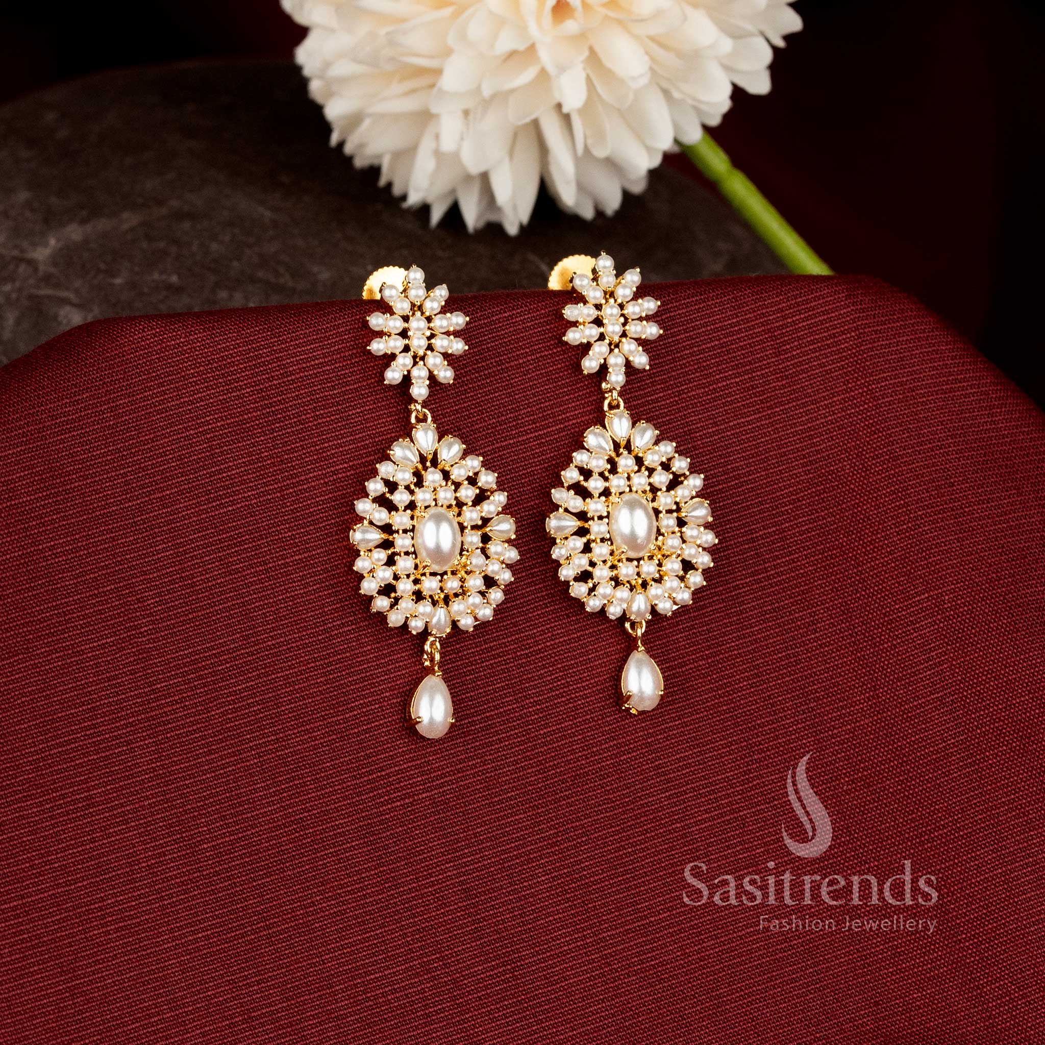 Royal Celestial Bloom Micro Gold Plated Floral Drop Earrings for Women - Sasitrends - Image 4