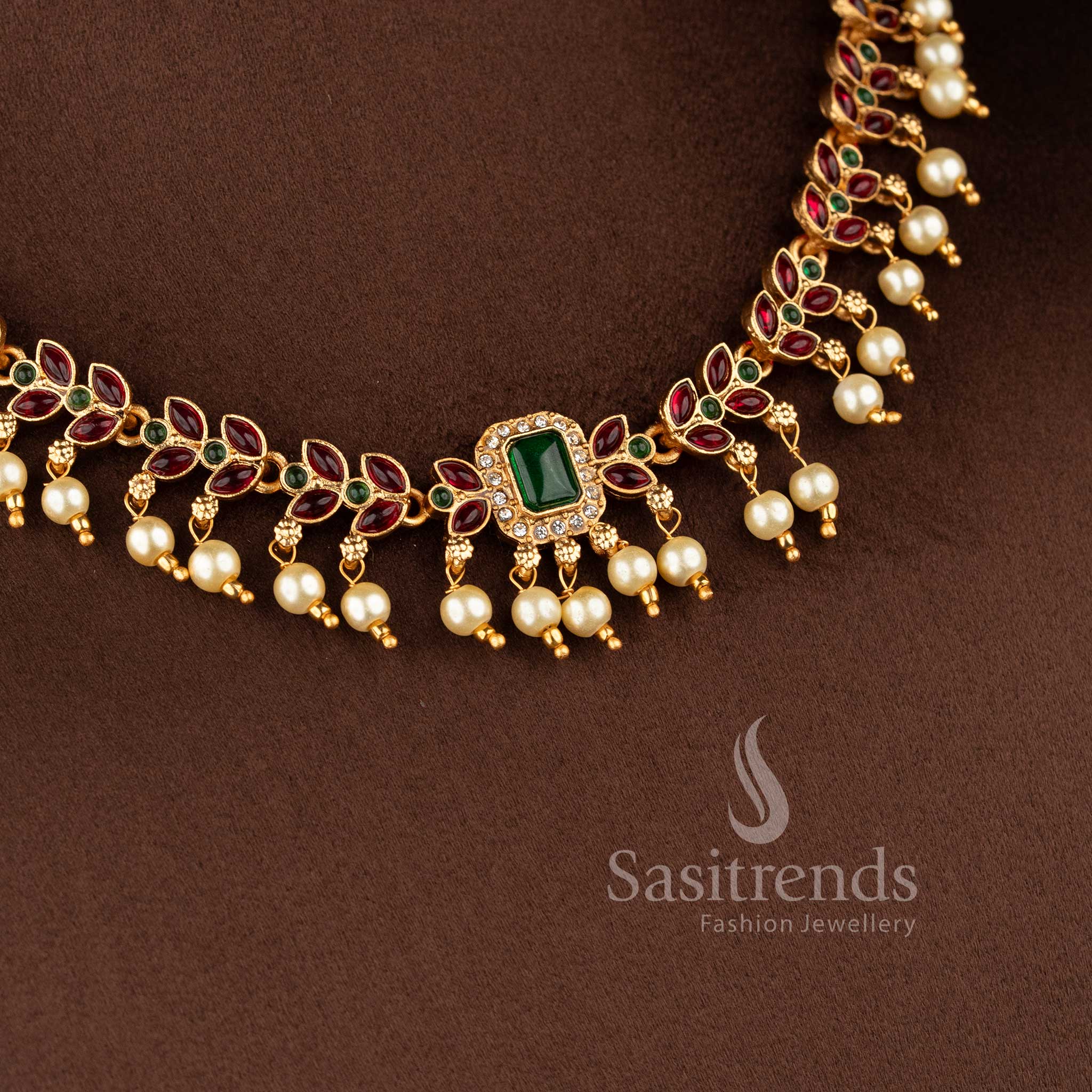 Classic Matte Gold Plated Leaf Pattern Rectangular Pendant with Hanging Pearl Necklace Jewellery Set for Traditional Wear - Sasitrends - Image 2