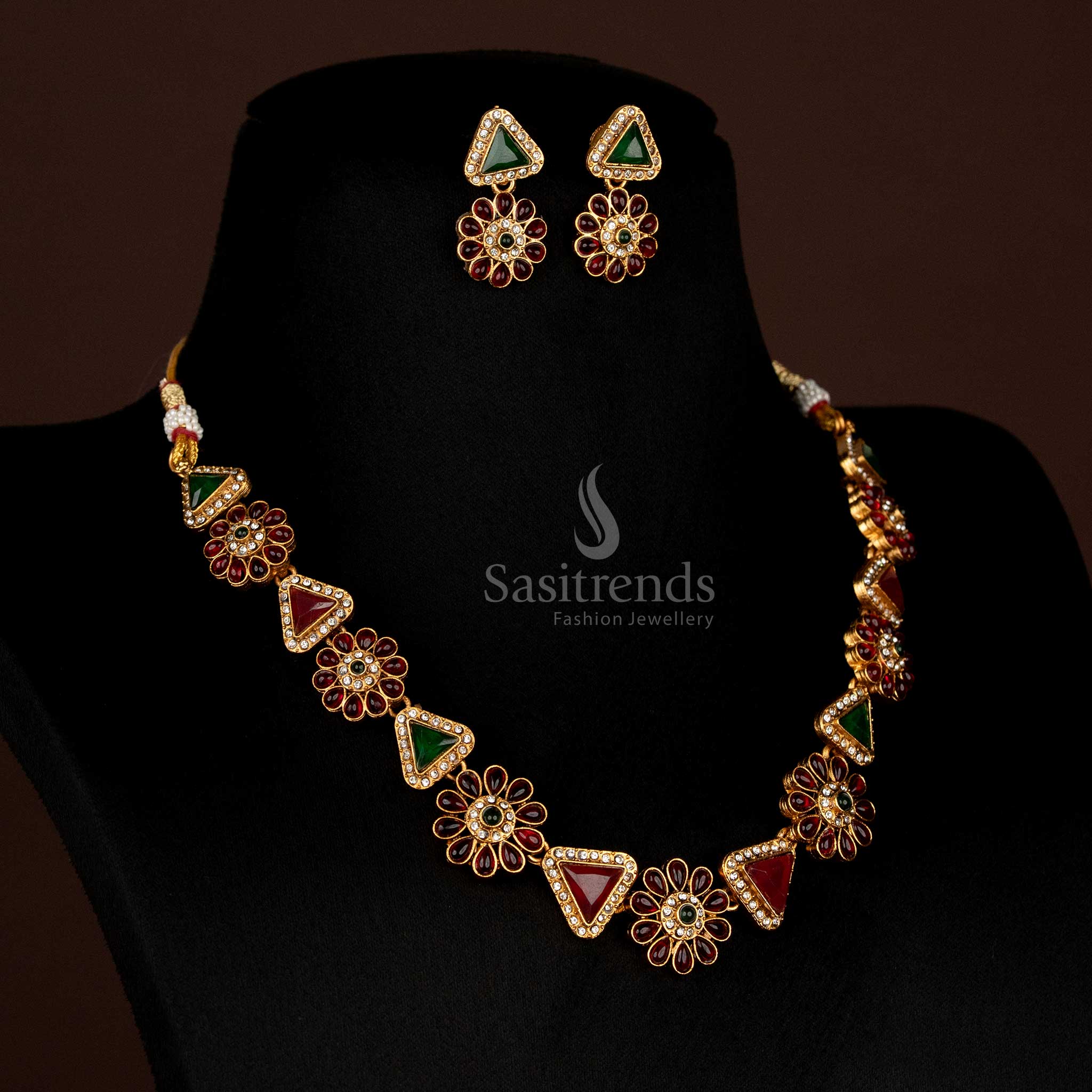 Beautiful Classic Matte Gold Plated Floral & Triangular Design Necklace Jewellery Set with Stones -Affordable - Sasitrends