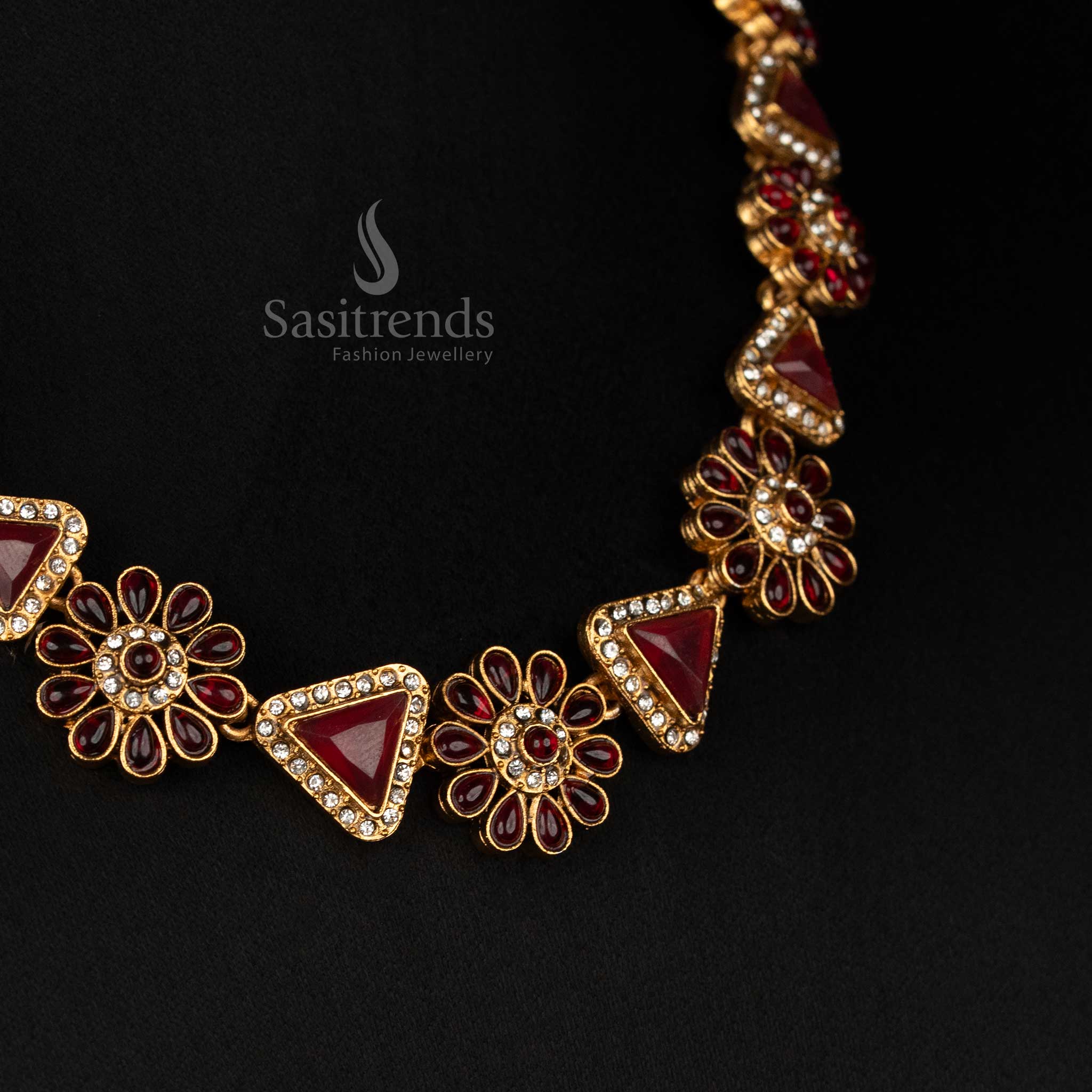 Beautiful Classic Matte Gold Plated Floral & Triangular Design Necklace Jewellery Set with Stones -Affordable - Sasitrends - Image 10