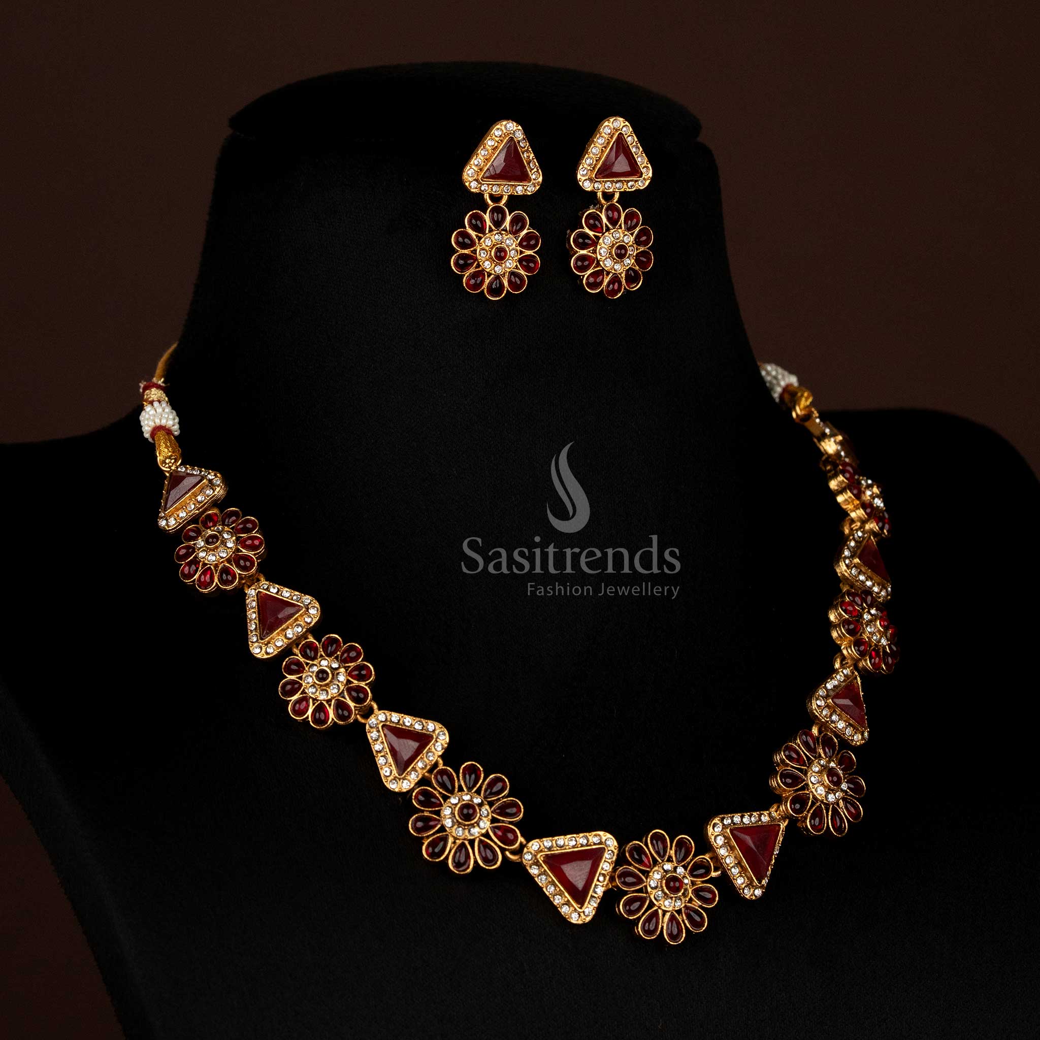 Beautiful Classic Matte Gold Plated Floral & Triangular Design Necklace Jewellery Set with Stones -Affordable - Sasitrends - Image 7