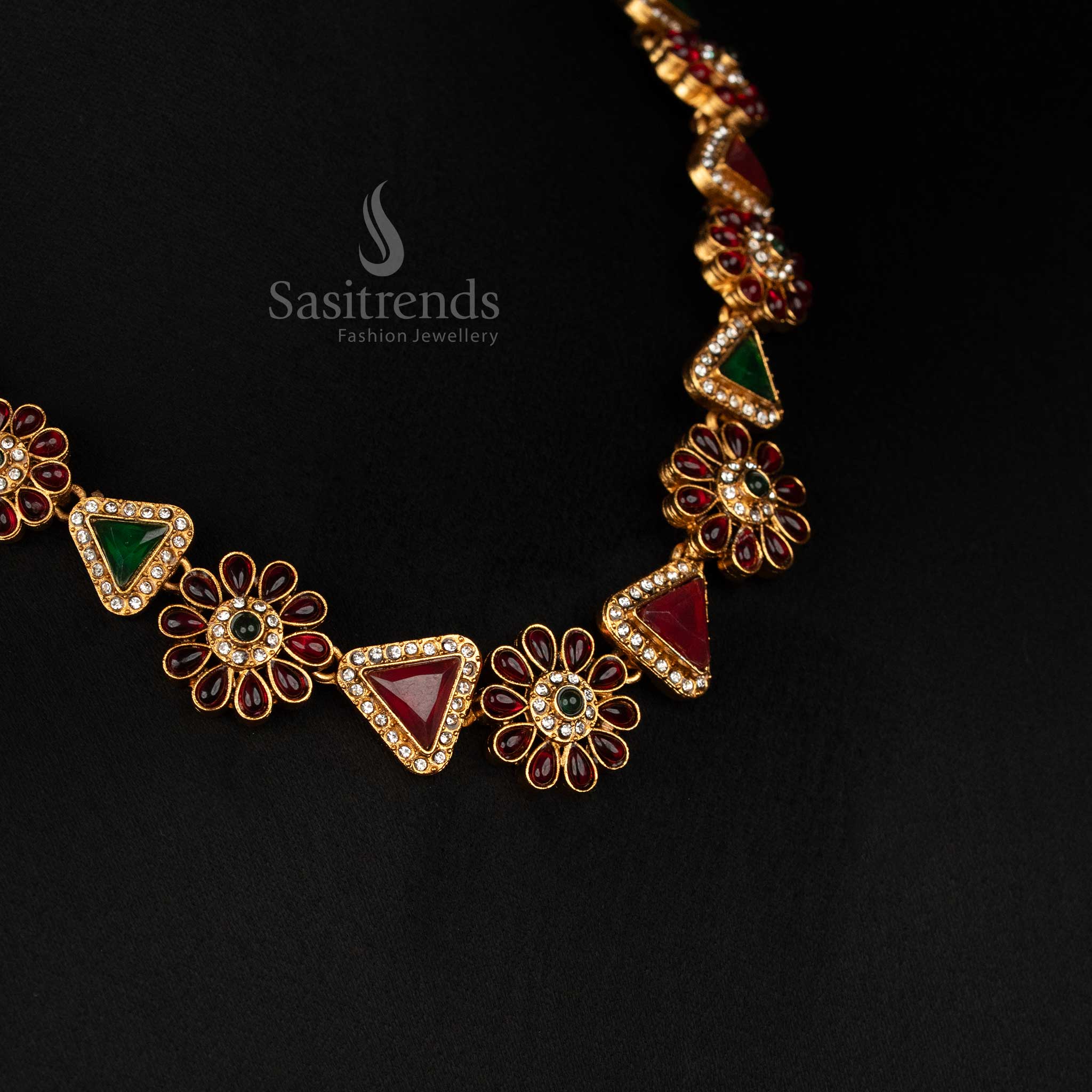 Beautiful Classic Matte Gold Plated Floral & Triangular Design Necklace Jewellery Set with Stones -Affordable - Sasitrends - Image 8