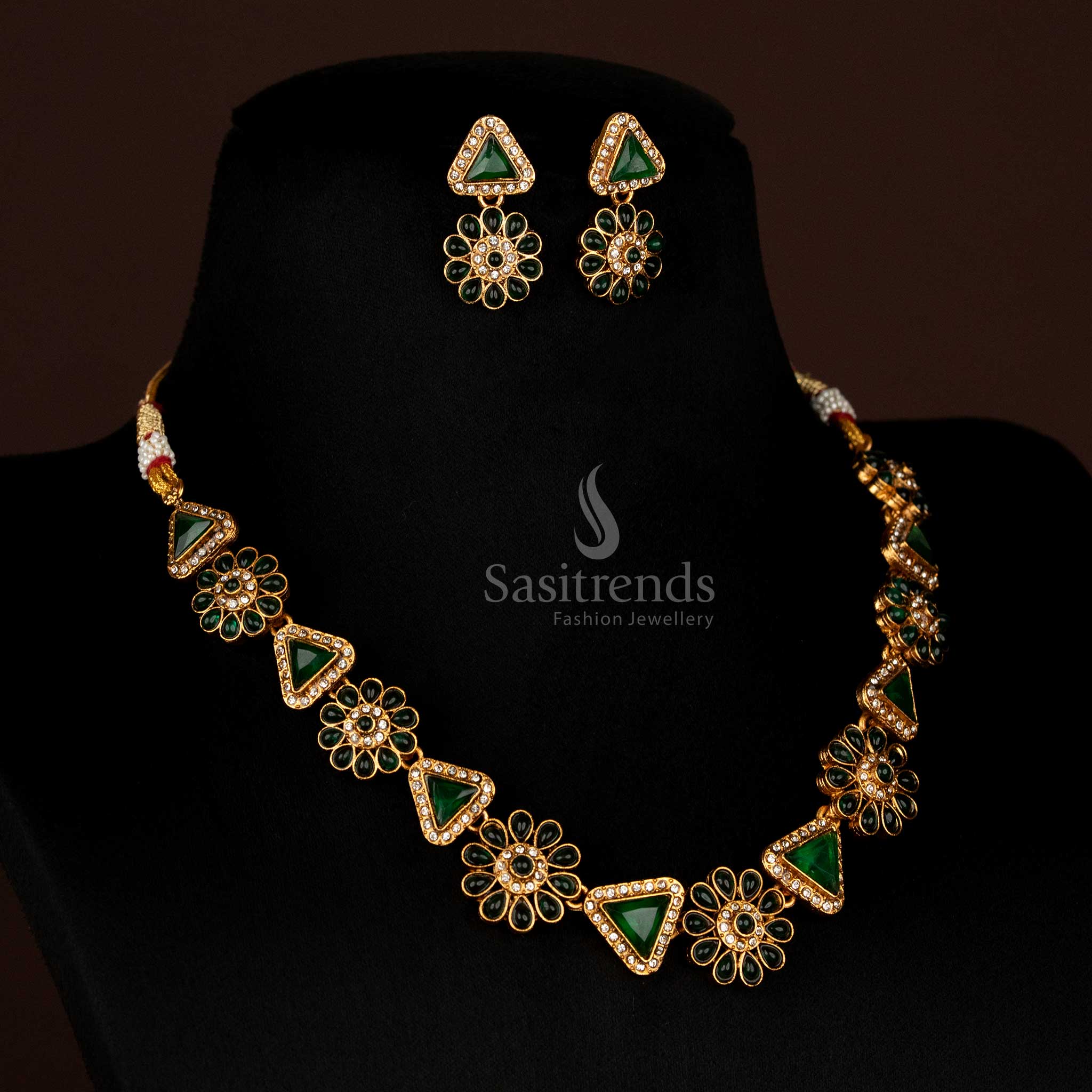 Beautiful Classic Matte Gold Plated Floral & Triangular Design Necklace Jewellery Set with Stones -Affordable - Sasitrends - Image 9