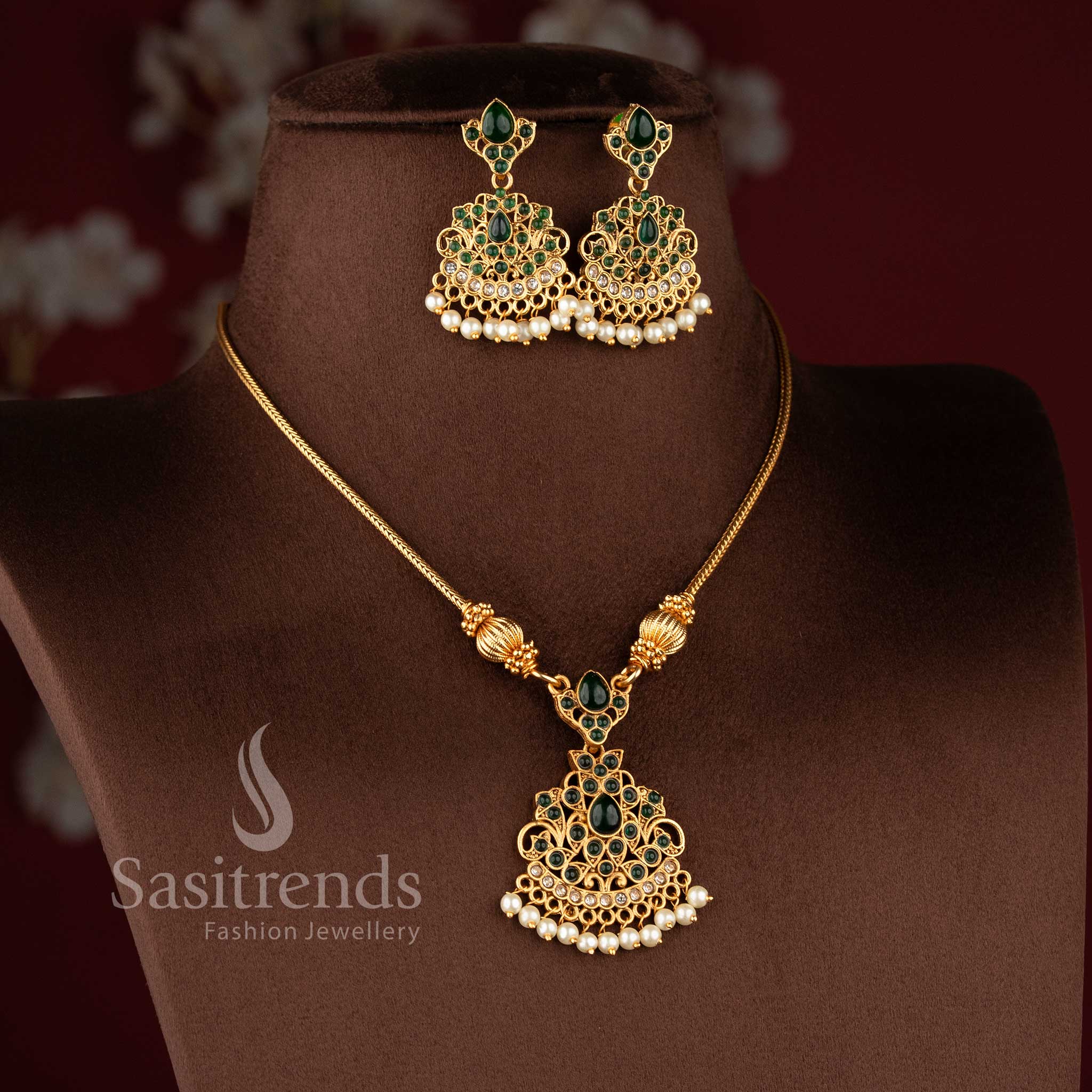 Classic Matte Gold Plated Traditional Flexible Chain Necklace Jewellery Set with Pearl Drops - Sasitrends - Image 6