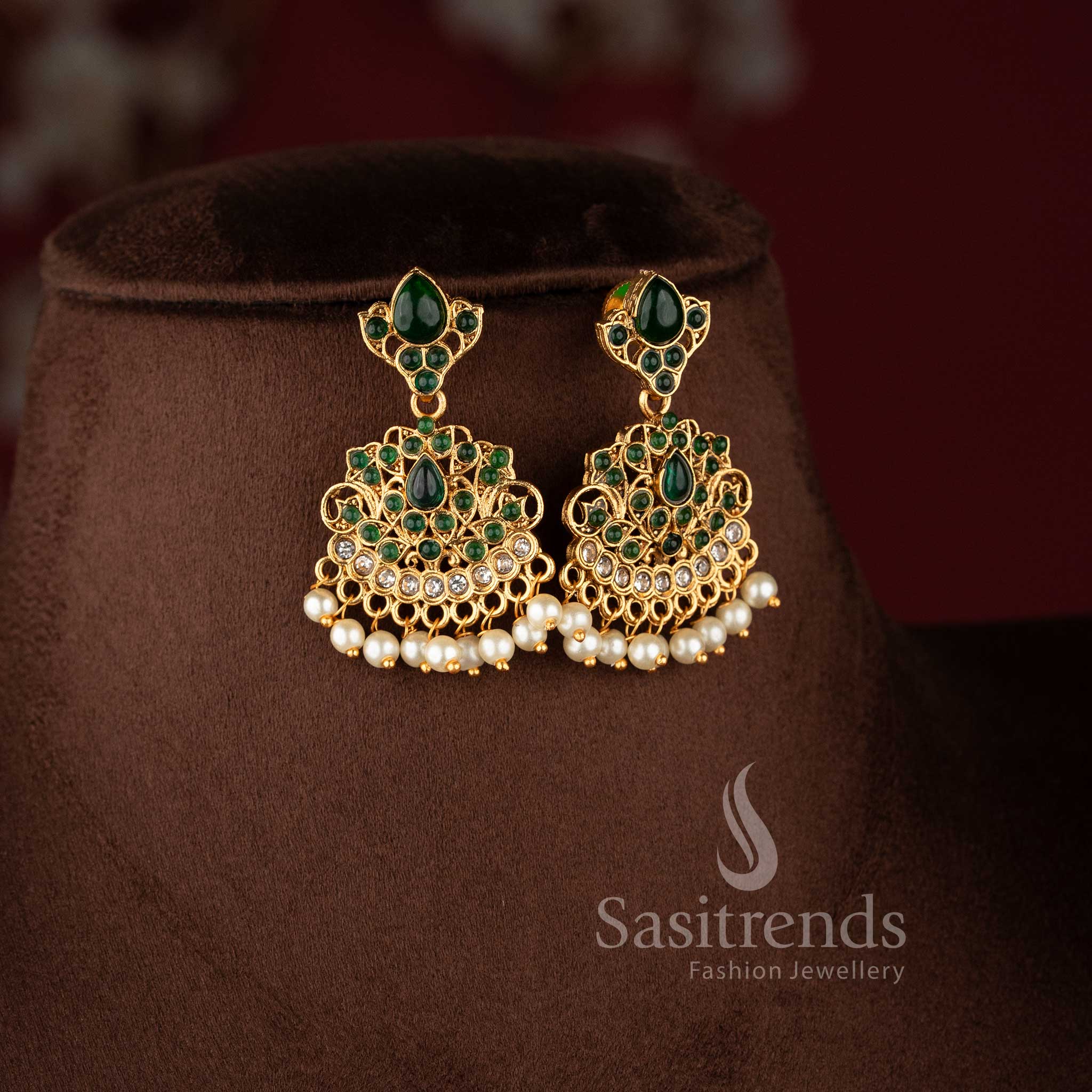 Classic Matte Gold Plated Traditional Flexible Chain Necklace Jewellery Set with Pearl Drops - Sasitrends - Image 8