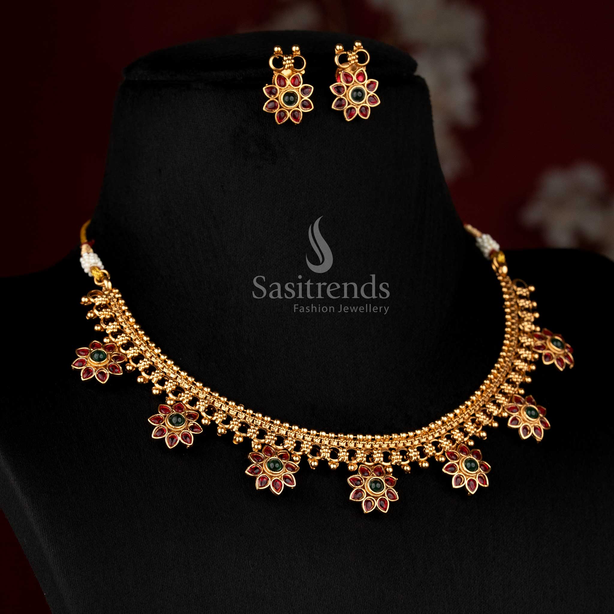 Royal Classic Matte Gold Plated Floral Guttapusalu-Style Choker Necklace Set for Women – Temple & Festive Wear - Image 6