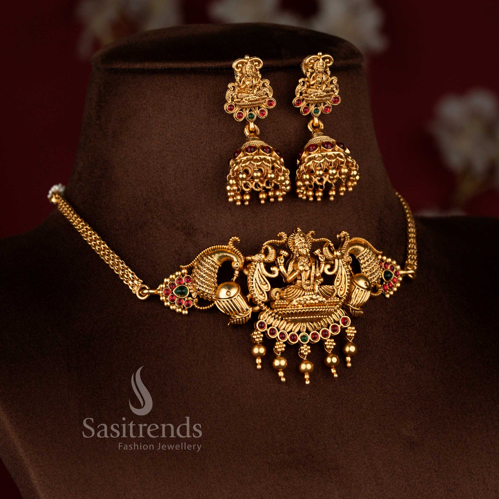 Bridal Temple Wear Classic Matte Gold Plated Peacock Lakshmi Idol Structured Temple Choker Necklace Jewellery Set | Budget-Friendly