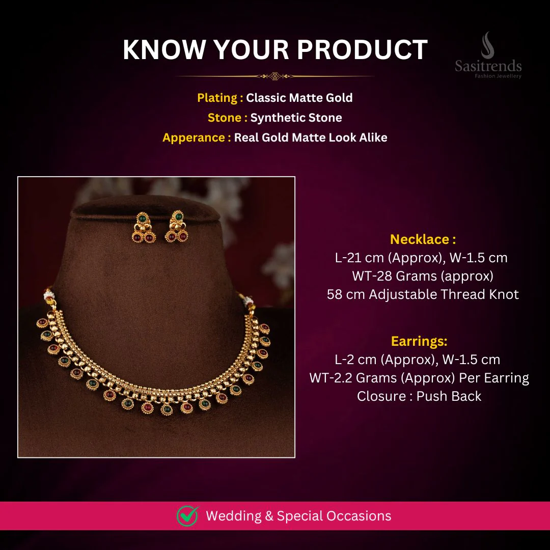 Affordable Classic Matte Gold Plated Flexible Chain Round Motif Beaded Drop Necklace Jewellery Set | Traditional Temple Inspired Design Wedding and Festive Wear - Image 2