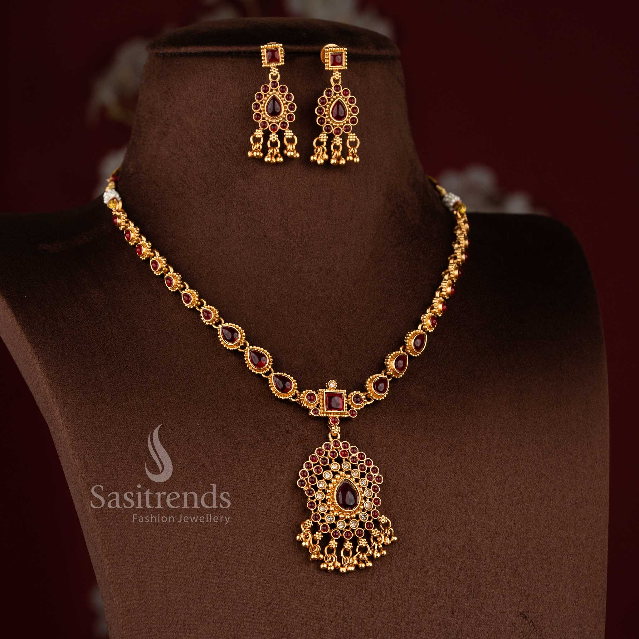 Elegant Classic Matte Gold Plated Teardrop Necklace Set for Women – Weddings, Parties & Festive Wear - Image 10