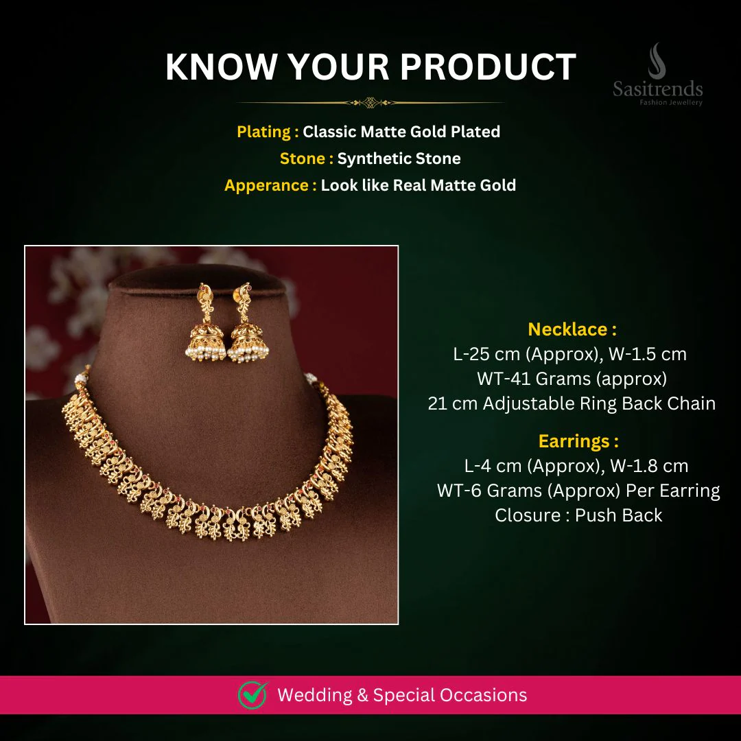 Classic Peacock Mango Matte Gold Plated Necklace Jewellery Set  - Sasitrends - Image 3