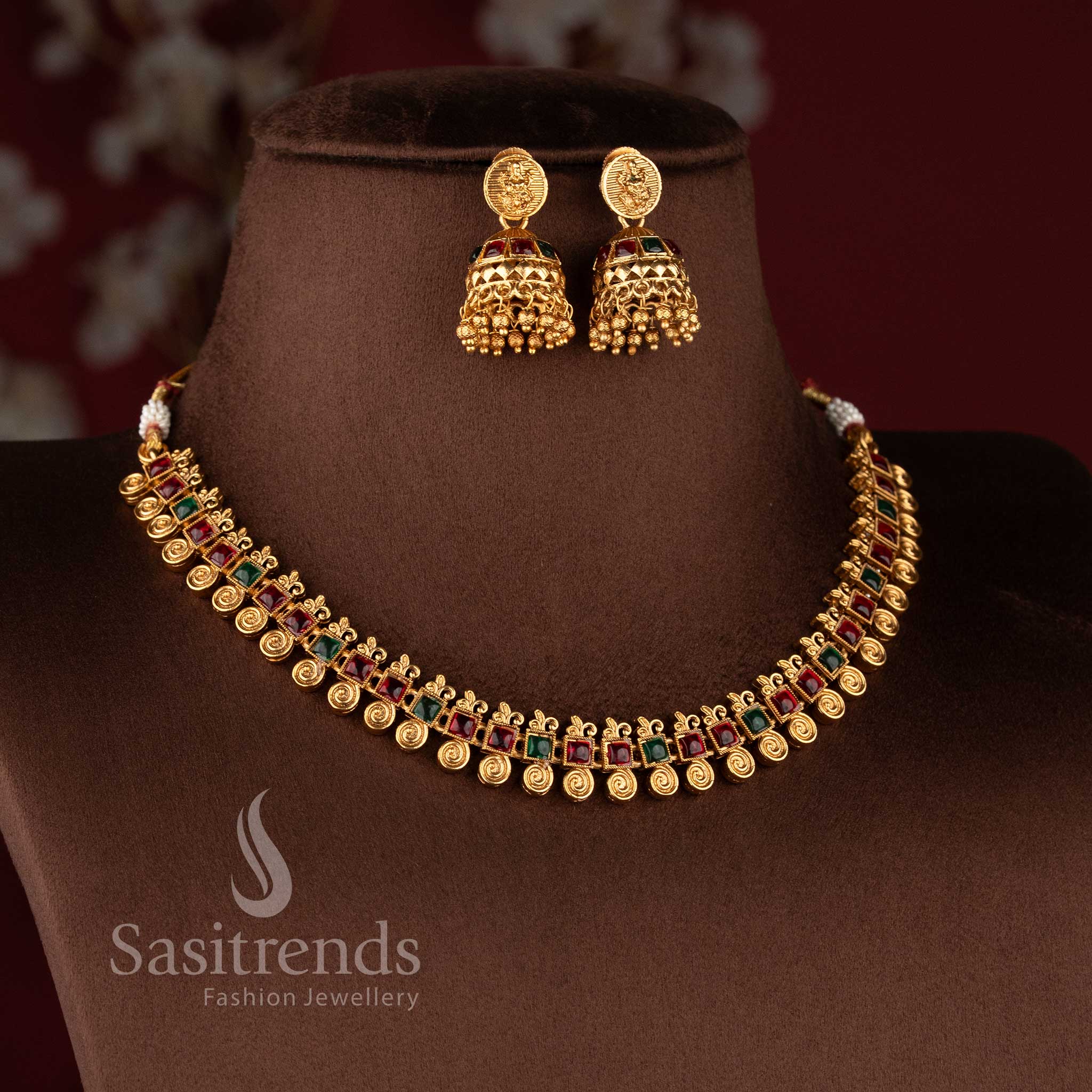 Classic Temple Matte Gold Plated Square Stone Choker with Lakshmi Coin Jhumka Jewellery Sets - Sasitrends - Image 4