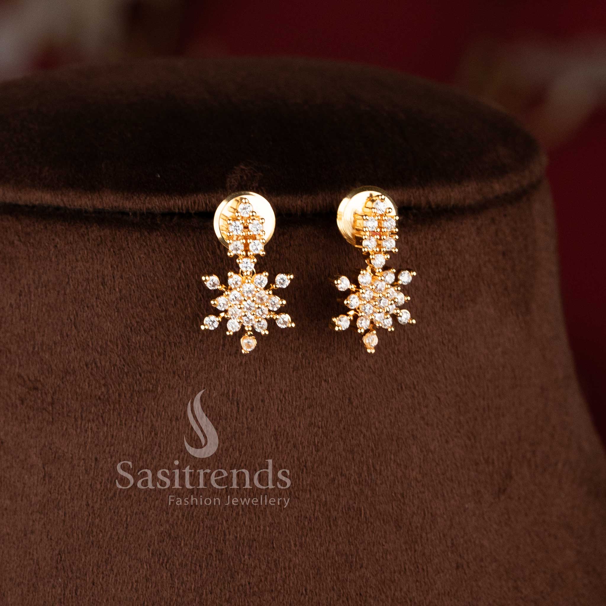 Elegant Floral Sparkle American Diamond Micro Gold Plated Necklace Jewellery Set for Festive and Party Wear - Sasitrends - Image 3