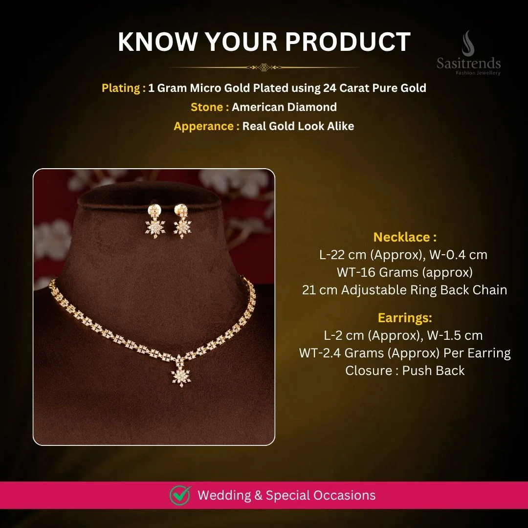 Elegant Floral Sparkle American Diamond Micro Gold Plated Necklace Jewellery Set for Festive and Party Wear - Sasitrends - Image 4