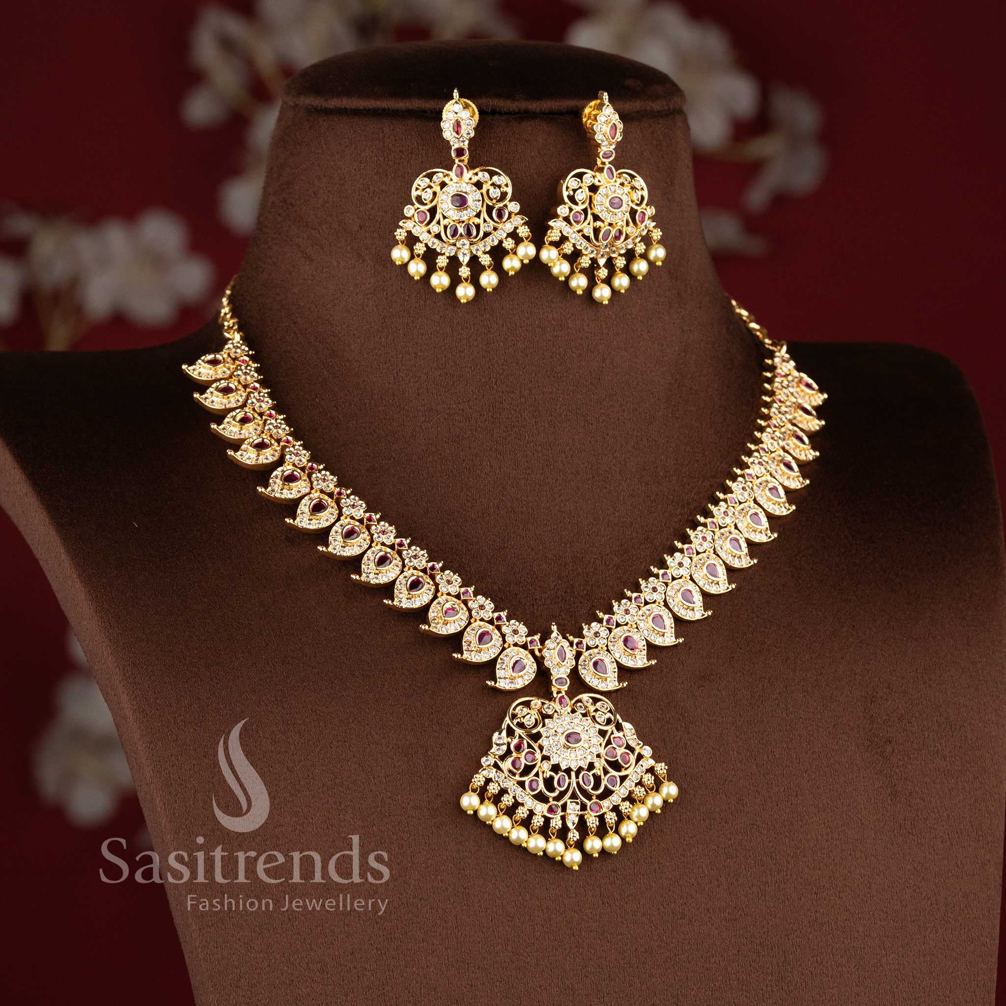 Elegant Mango Floral American Diamond Micro Gold Plated Short and Long Necklace Jewellery Set for Festive and Bridal Wear - Sasitrends