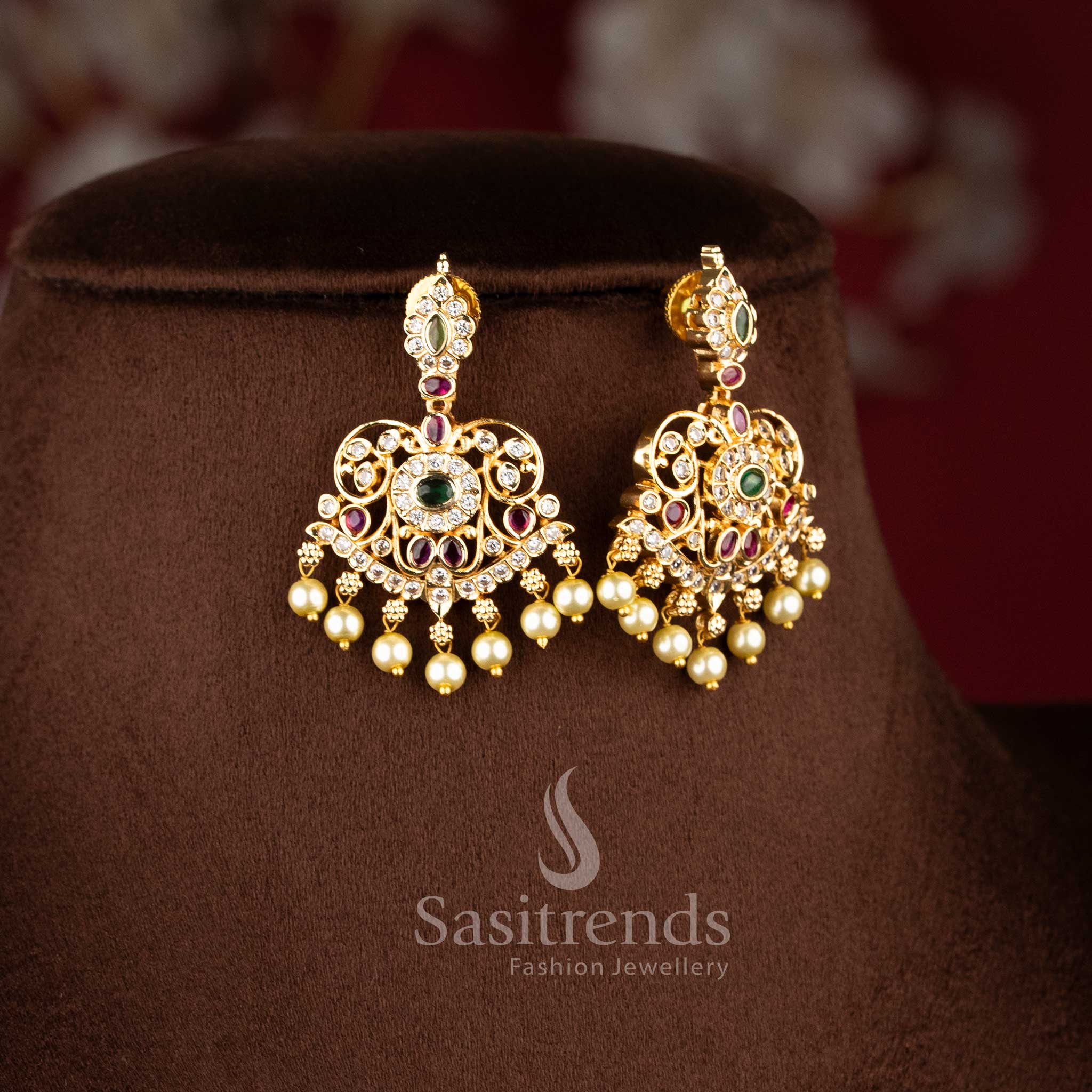 Elegant Mango Floral American Diamond Micro Gold Plated Short and Long Necklace Jewellery Set for Festive and Bridal Wear - Sasitrends - Image 3