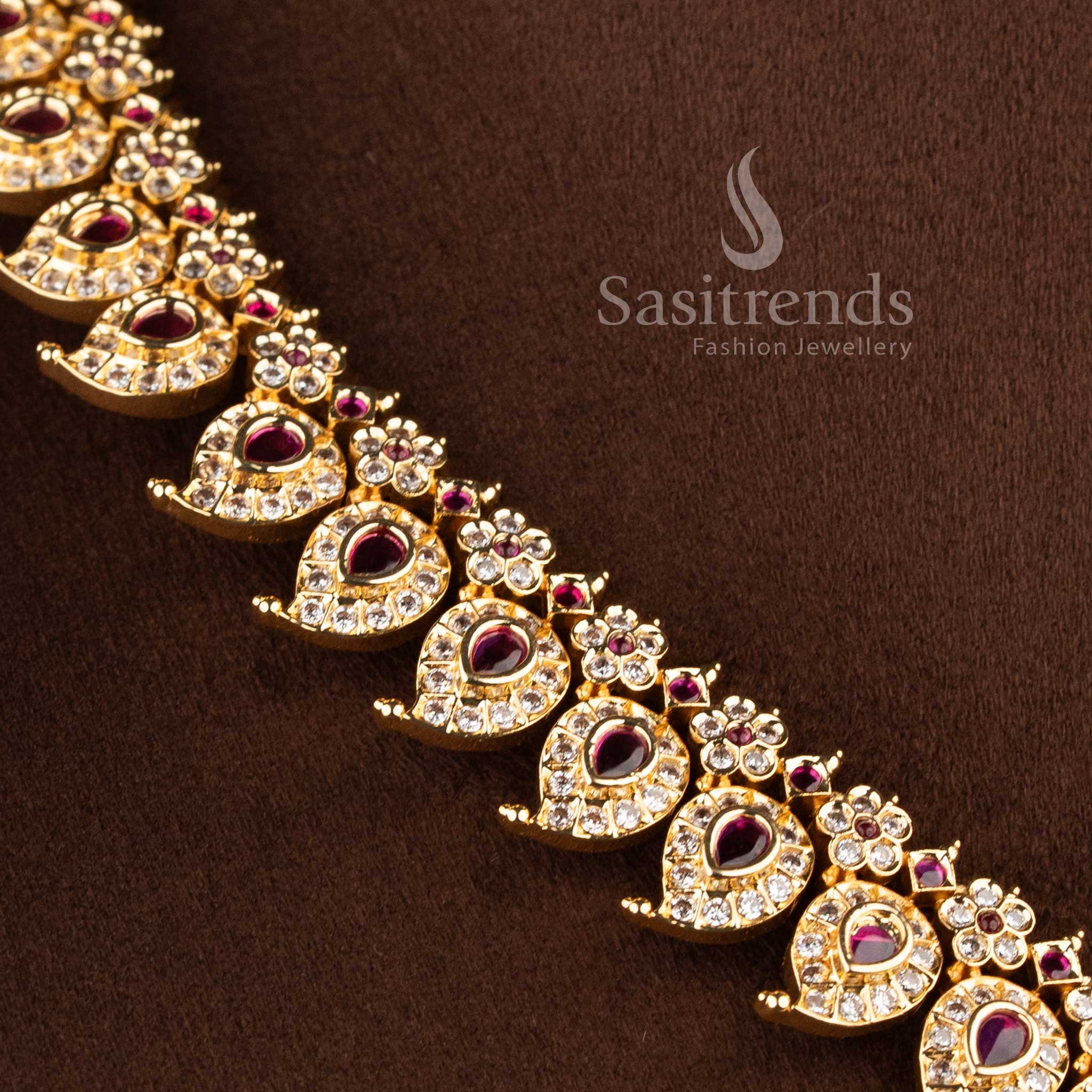 Elegant Mango Floral American Diamond Micro Gold Plated Short and Long Necklace Jewellery Set for Festive and Bridal Wear - Sasitrends - Image 4