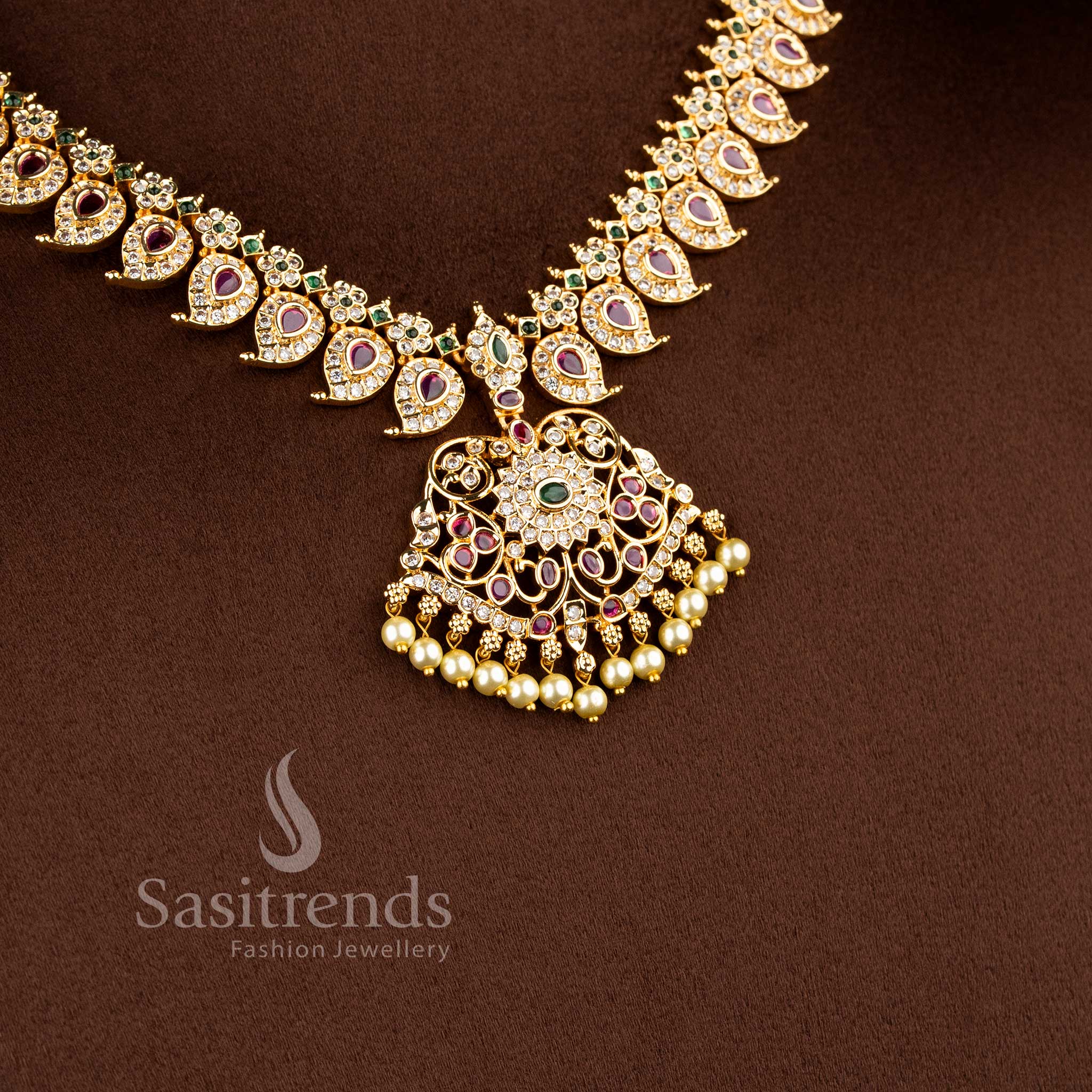 Elegant Mango Floral American Diamond Micro Gold Plated Short and Long Necklace Jewellery Set for Festive and Bridal Wear - Sasitrends - Image 6