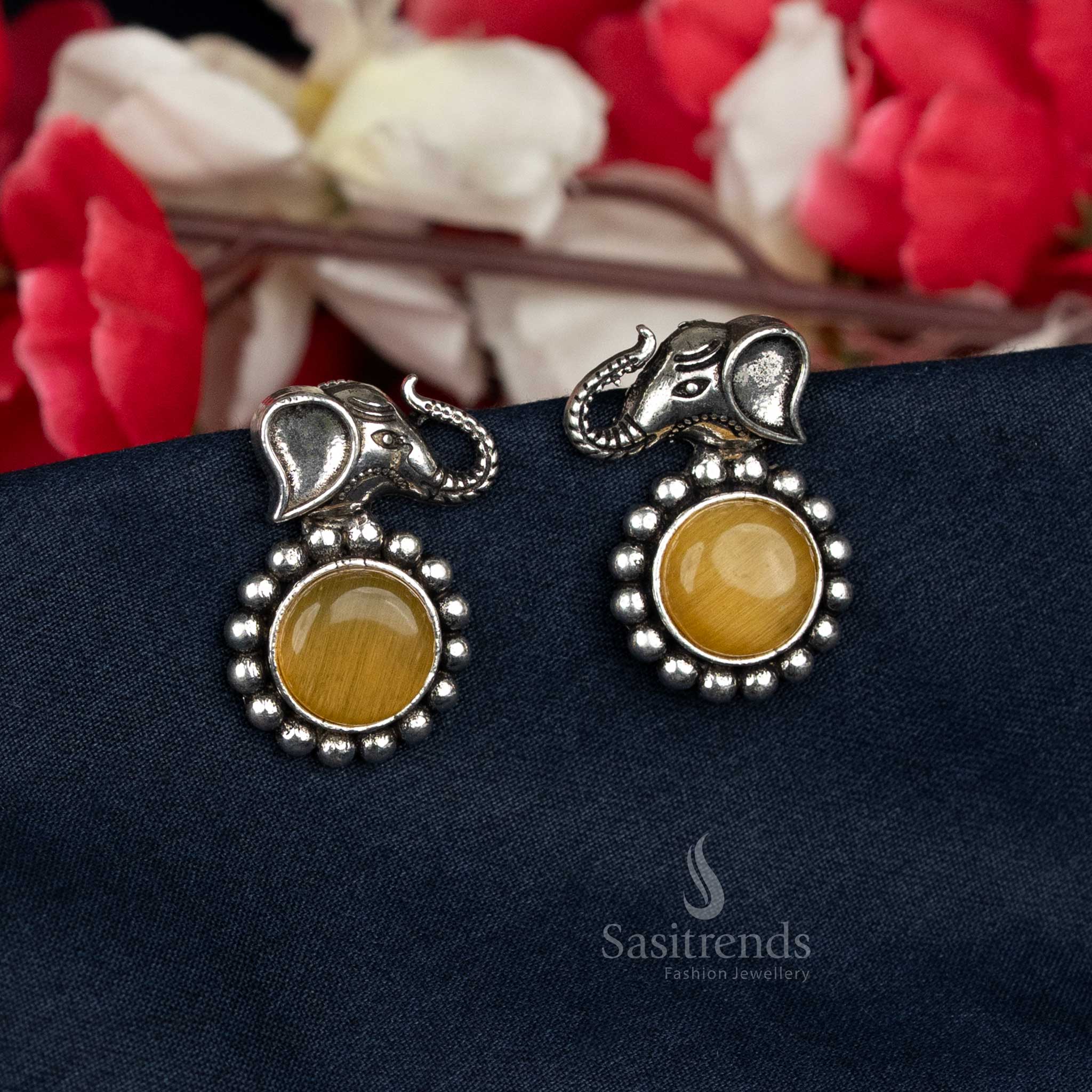 Sasitrends Oxidised Elephant Design Stud Earrings with Round Stone - Sasitrends - Image 10