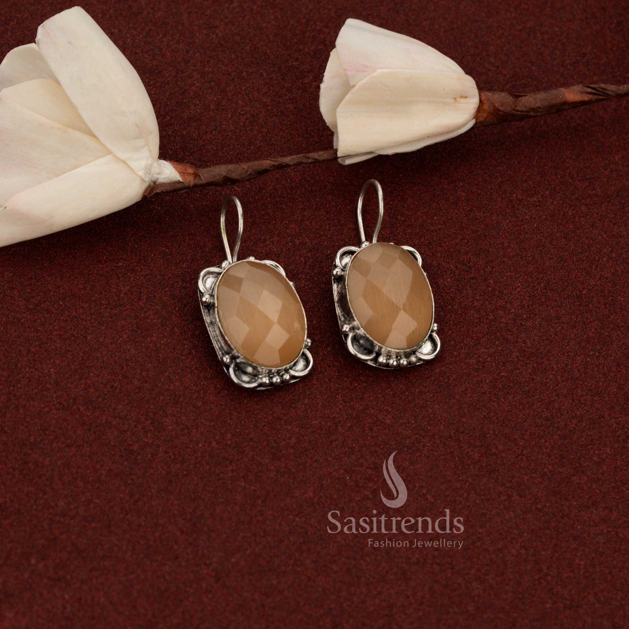 Stunning Oxidised German Silver Oval Faceted Stone Drop Earrings with Vintage Floral Frame Design for Casual, Office & Ethnic Wear - Image 14