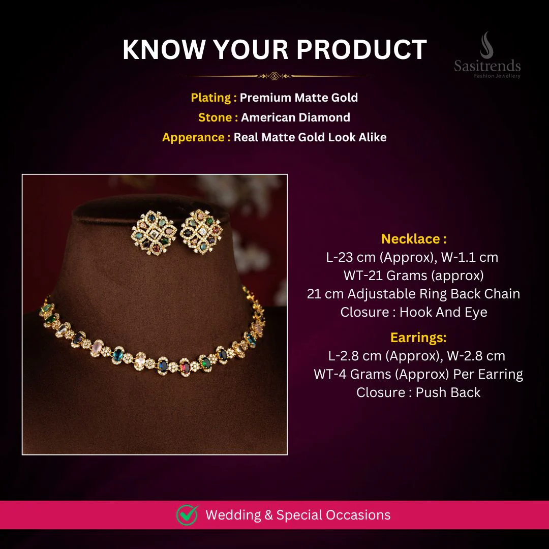Elegant Traditional American Diamond Matte Gold Plated Oval Link Wedding Necklace Jewellery Set with Geometric Structure - Image 2