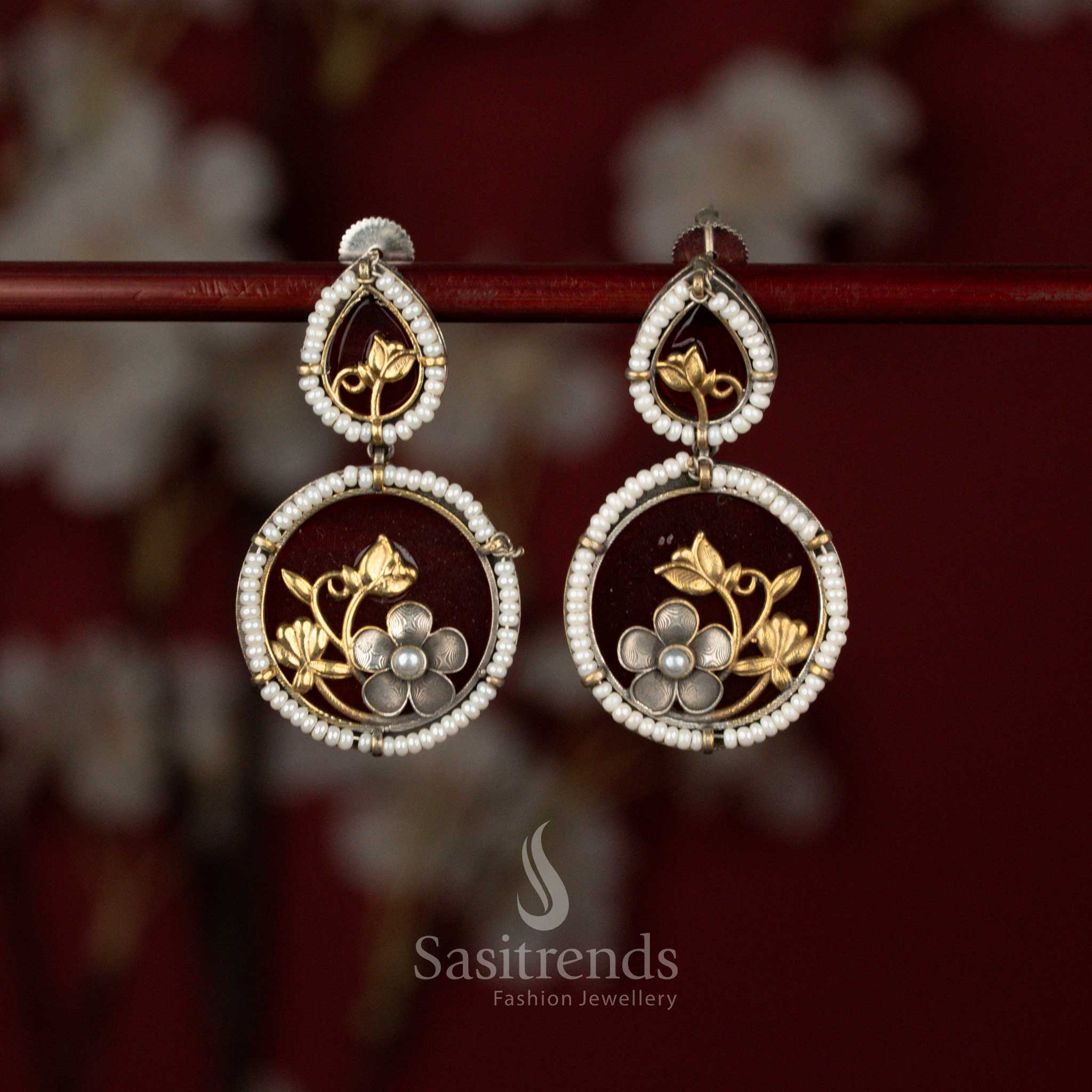 Elegant Oxidised German Silver Circular Floral Motif Drop Earrings with Pearl Border Frame and Layered Disc Structure for Casual, Office & Ethnic Wear - Image 5