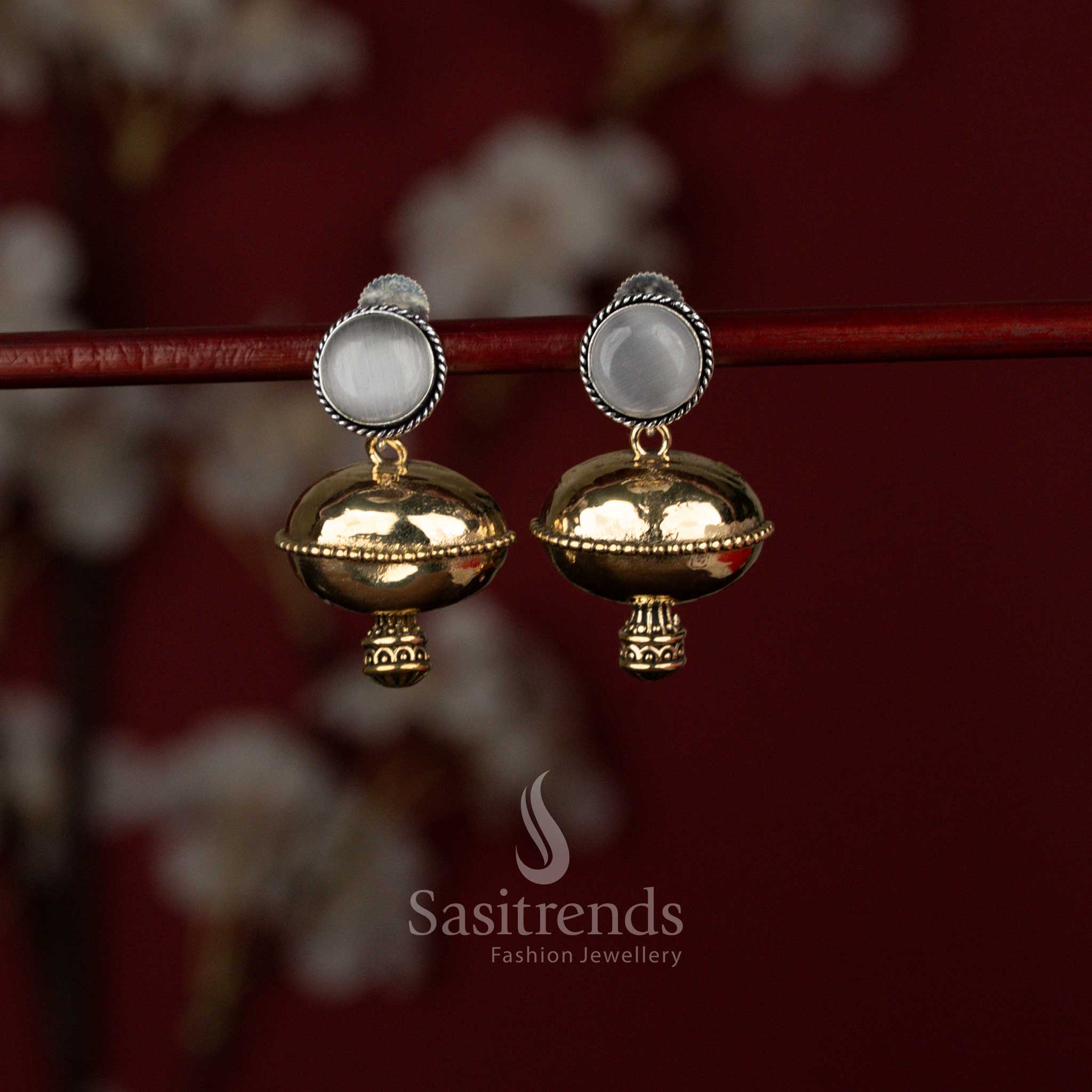 Iconic Oxidised Finish Dome Drop Earrings with Round Stone Stud & Traditional Bell Structure - Image 2