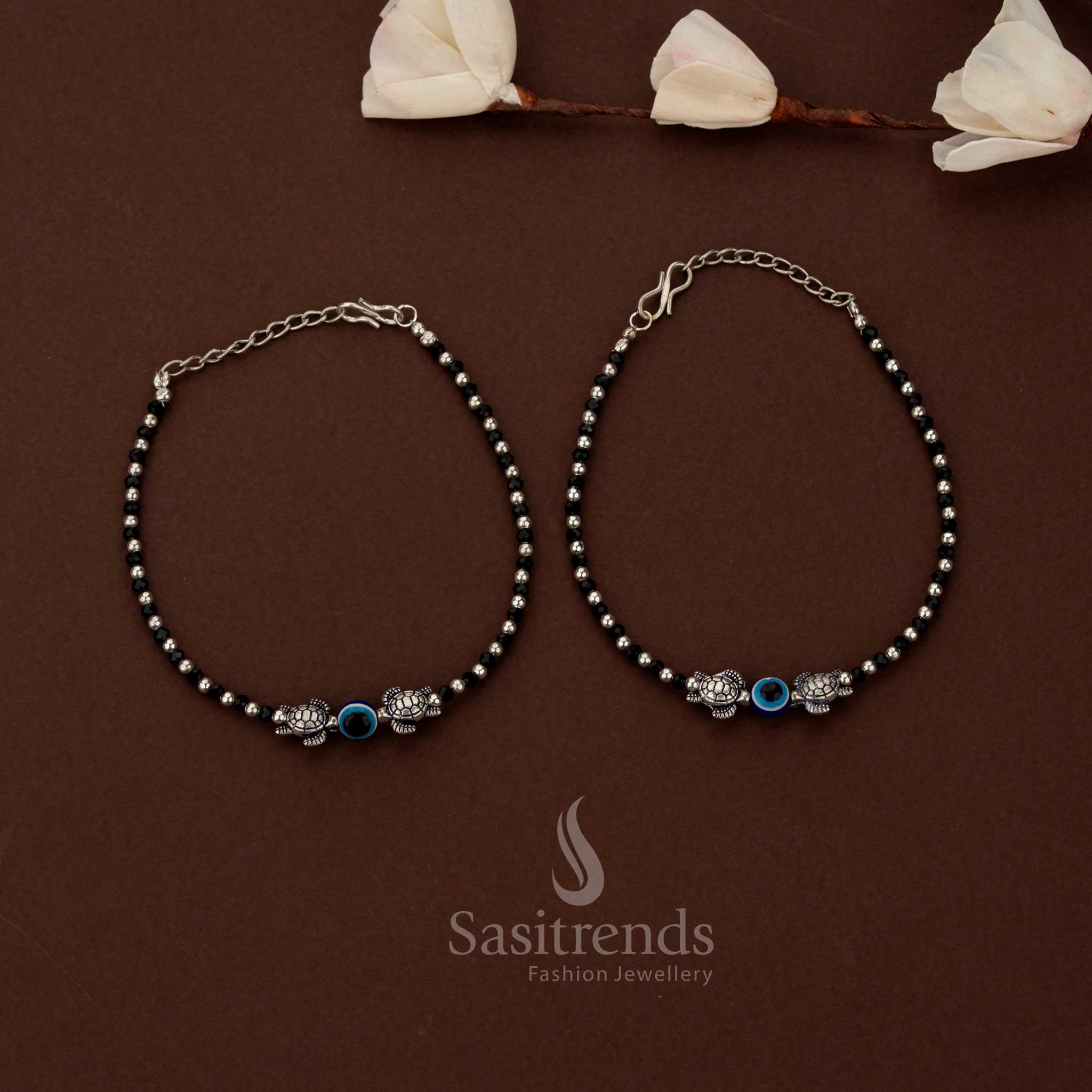 Heritage Oxidised Beaded Anklets with Blue Eye Centre Charm | Owl & Turtle Motif - Image 2