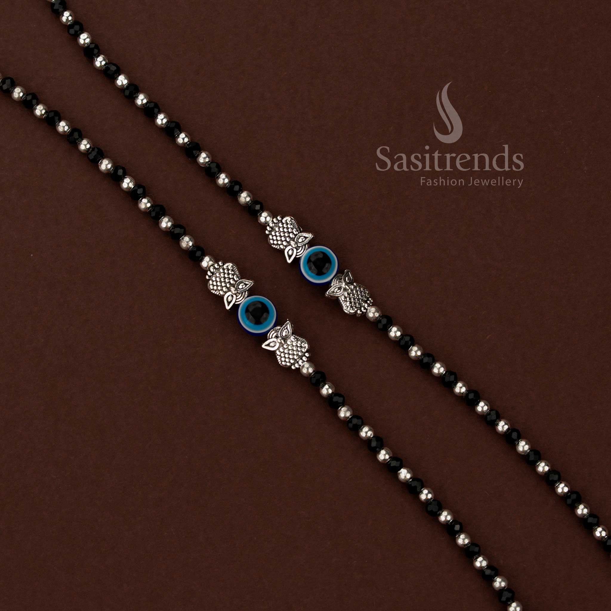 Heritage Oxidised Beaded Anklets with Blue Eye Centre Charm | Owl & Turtle Motif - Image 3
