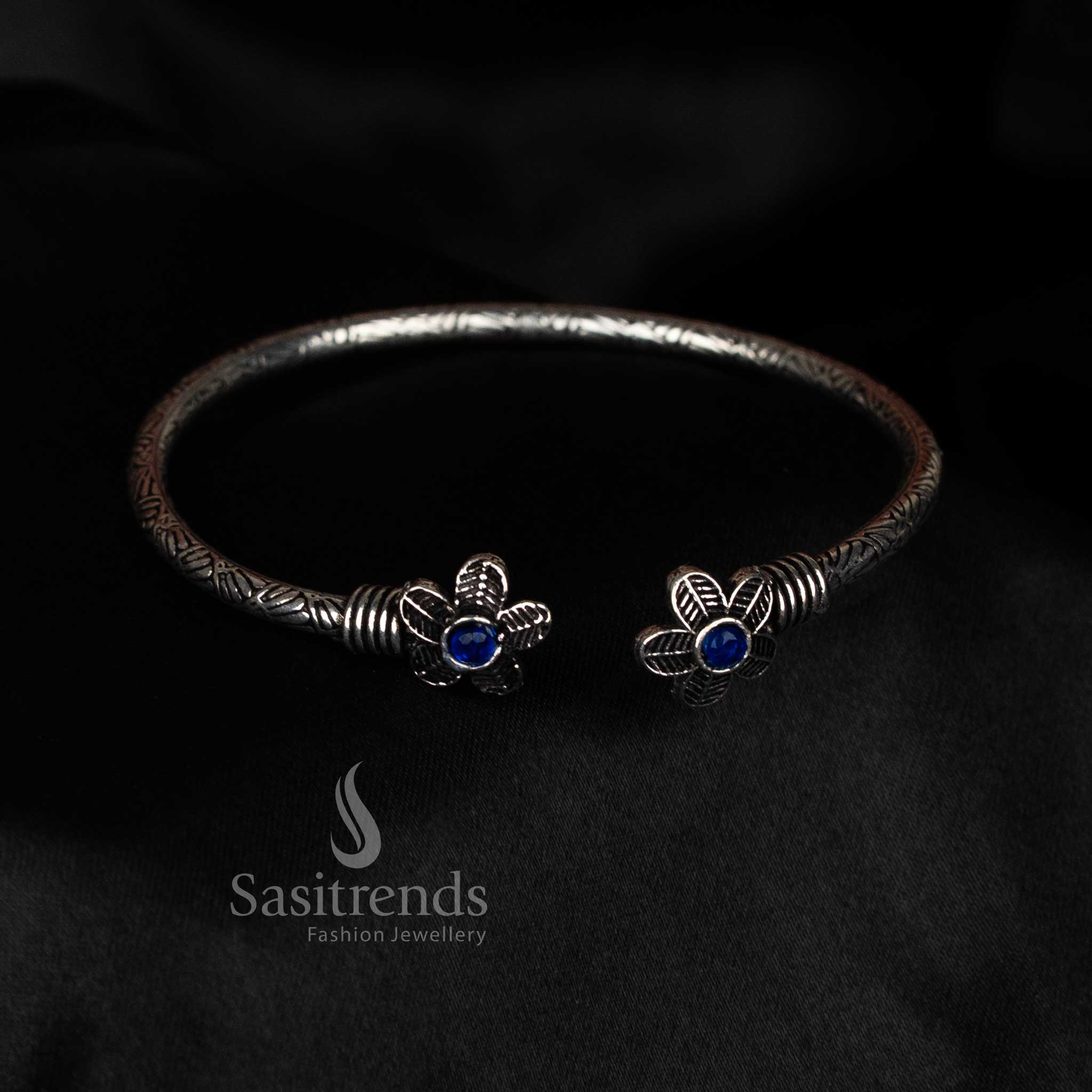 Beautifully Crafted Oxidised Floral Motif Stone Bracelet for Casual & Ethnic Wear - Image 2