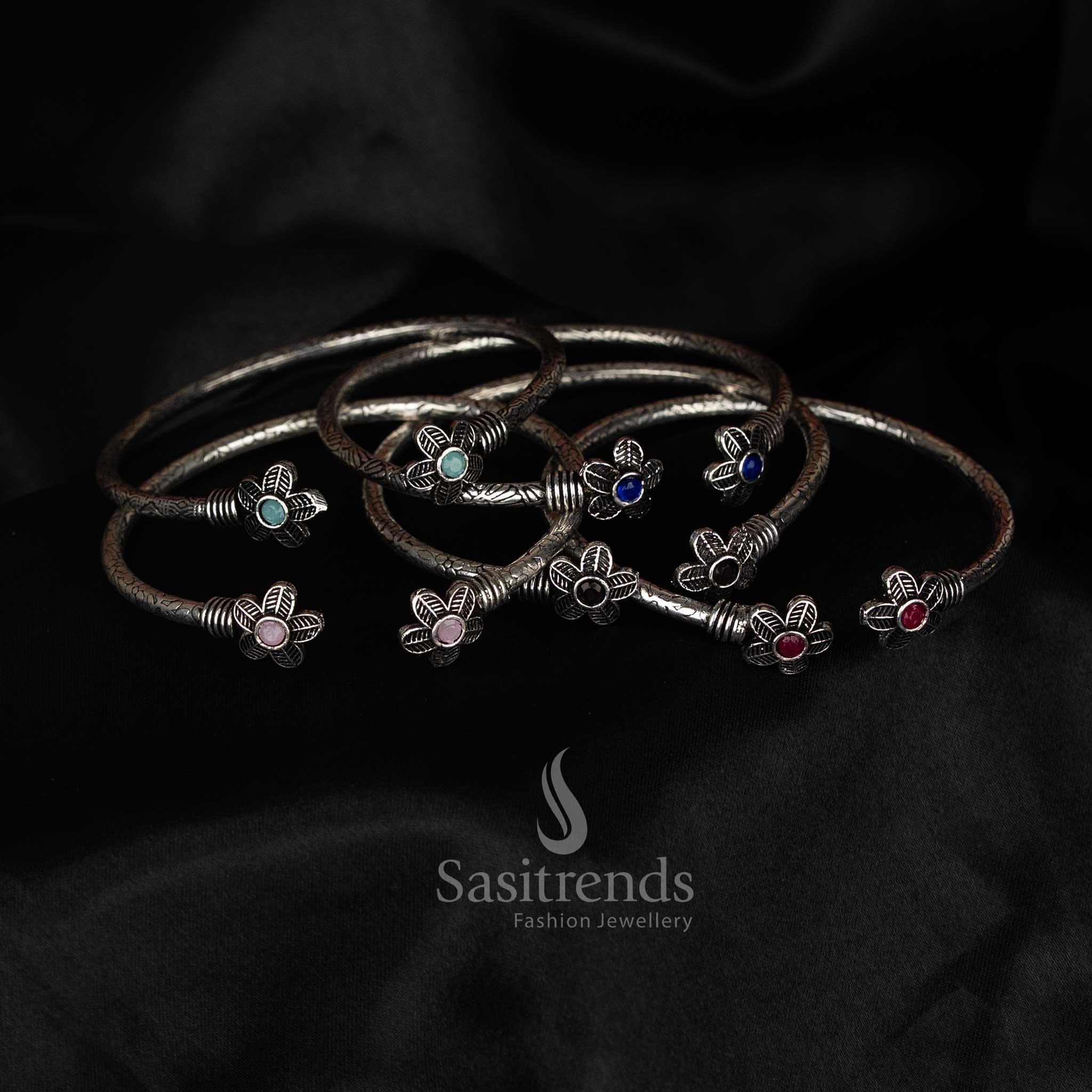 Beautifully Crafted Oxidised Floral Motif Stone Bracelet for Casual & Ethnic Wear - Image 3