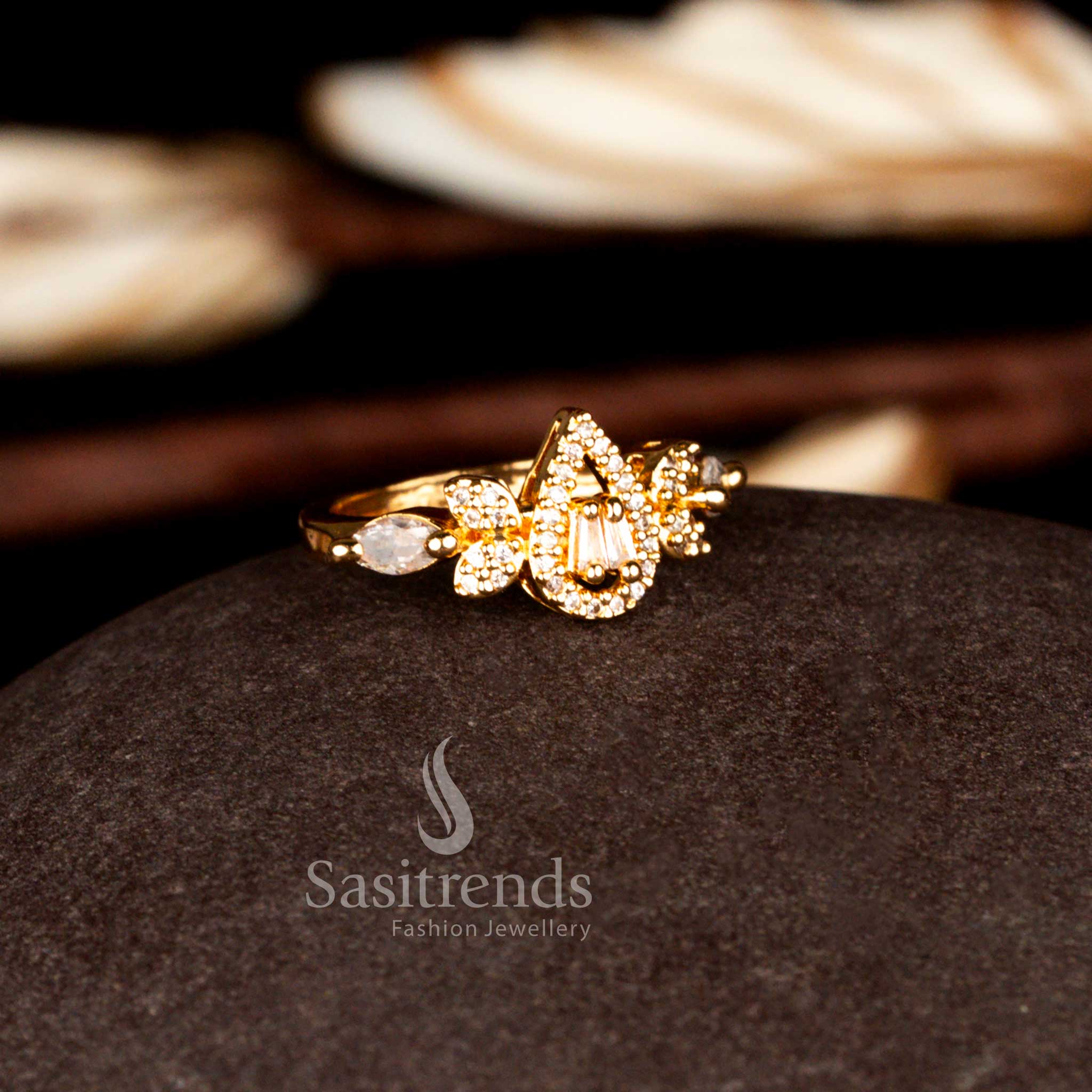 Party Wear American Diamond 24K Micro Gold Plated Pear Floral Cluster Designer Ring | Guaranteed One Gram Real Gold Look Jewellery