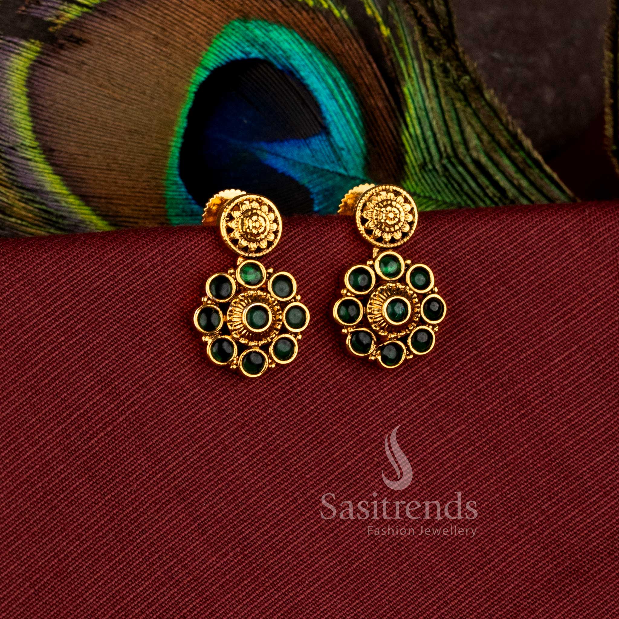 Gorgeous Round Motif Flower Drop AD Stone Matte Gold Plated Earrings for Festive Wear - Sasitrends - Image 2