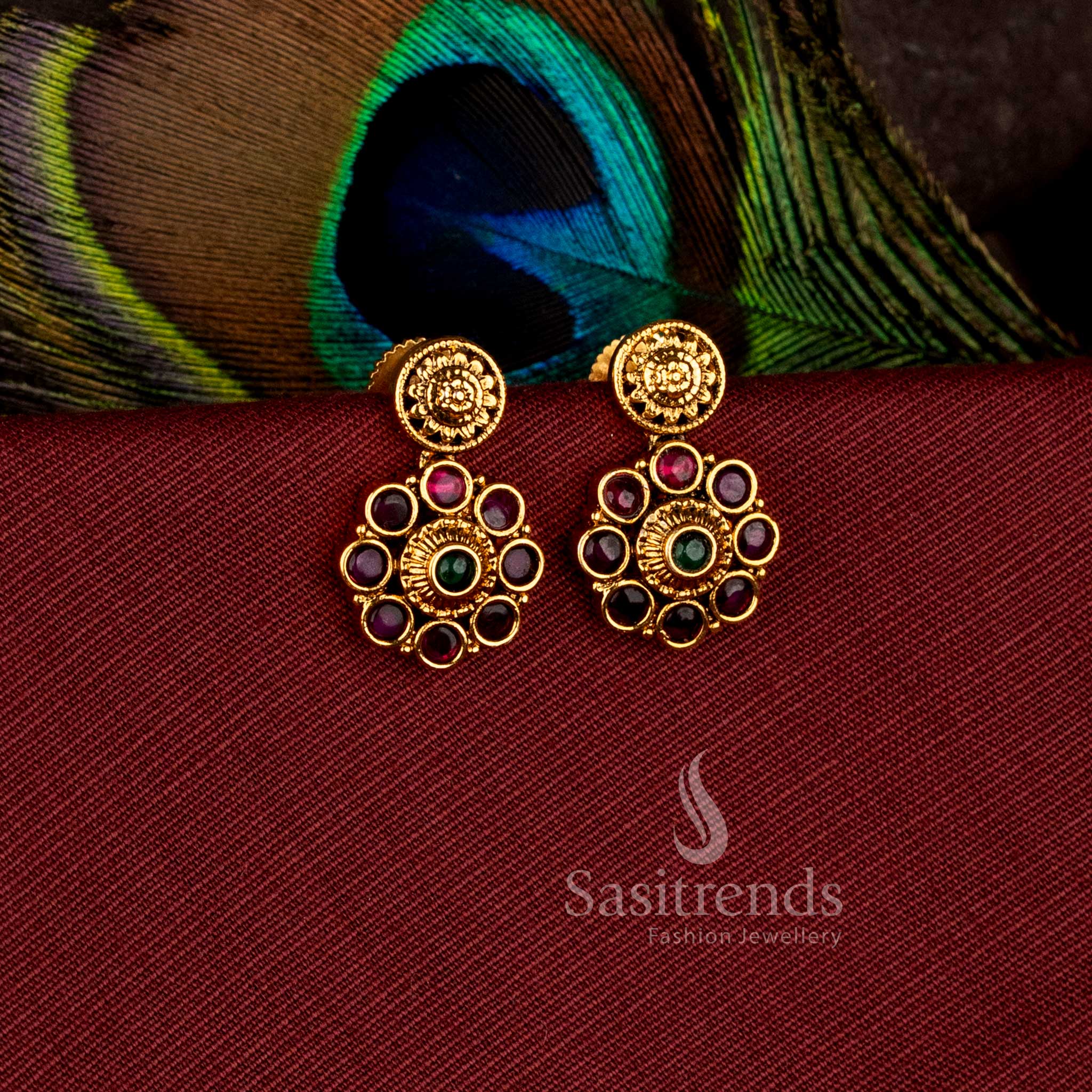 Gorgeous Round Motif Flower Drop AD Stone Matte Gold Plated Earrings for Festive Wear - Sasitrends - Image 3