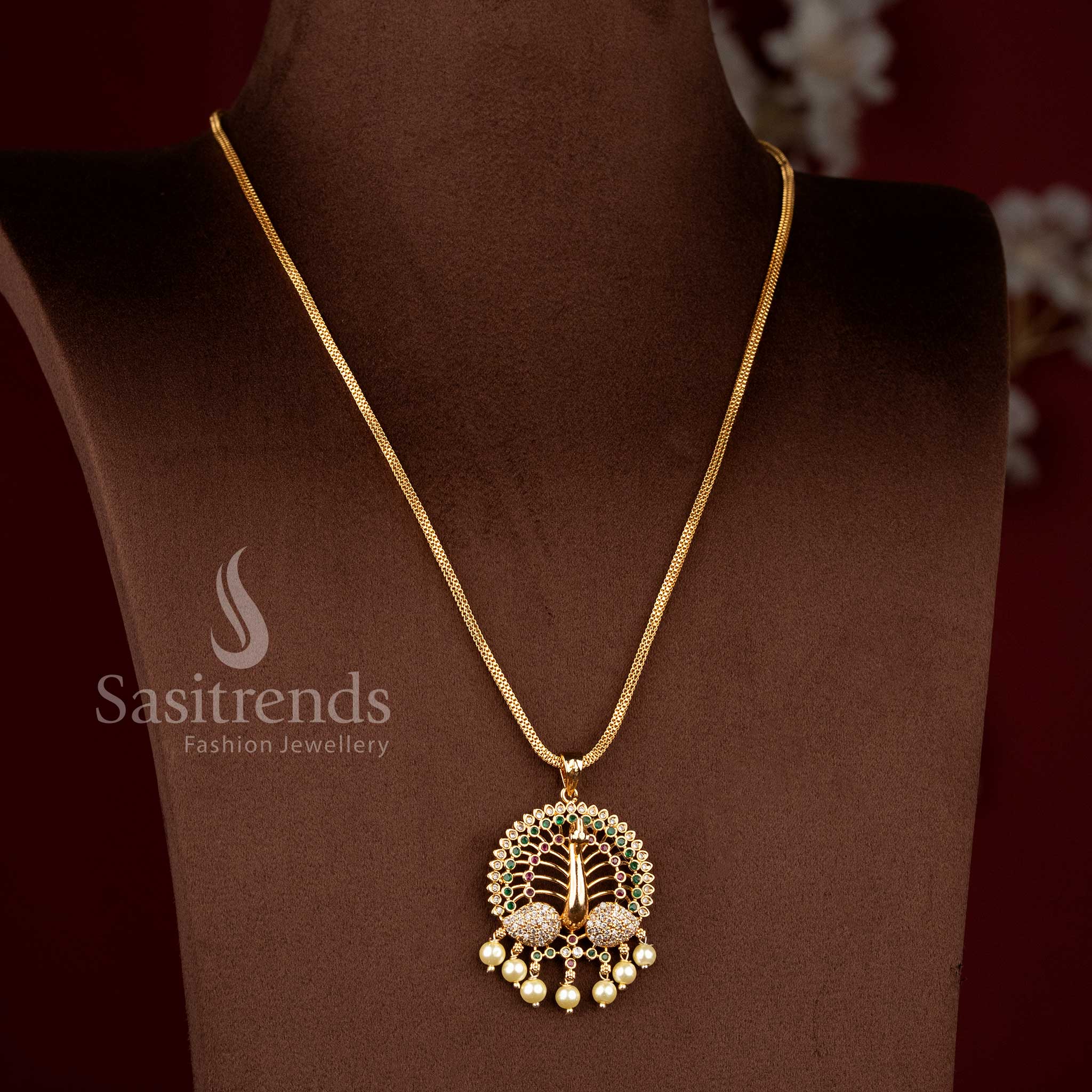 Guaranteed 24K Micro Gold Plated AD Stone Peacock Design Pendant Chain Necklace with Layered Circular Frame and Pearl Drop Structure | Real Gold Look 1 Gram Jewellery