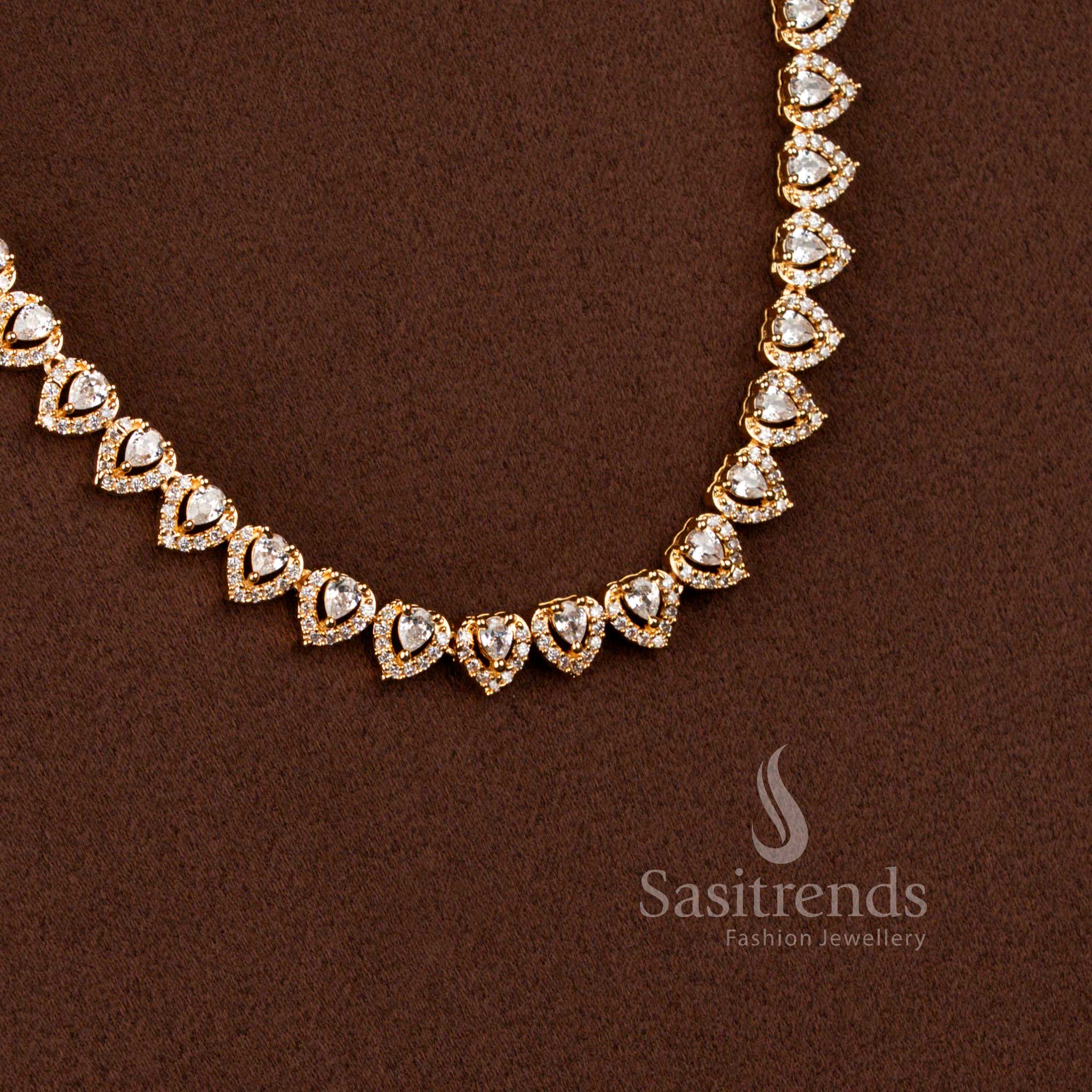 Guaranteed American Diamond Micro Gold Plated Heart Motif Long Haram Necklace Jewellery Set - Sasitrends - Image 2