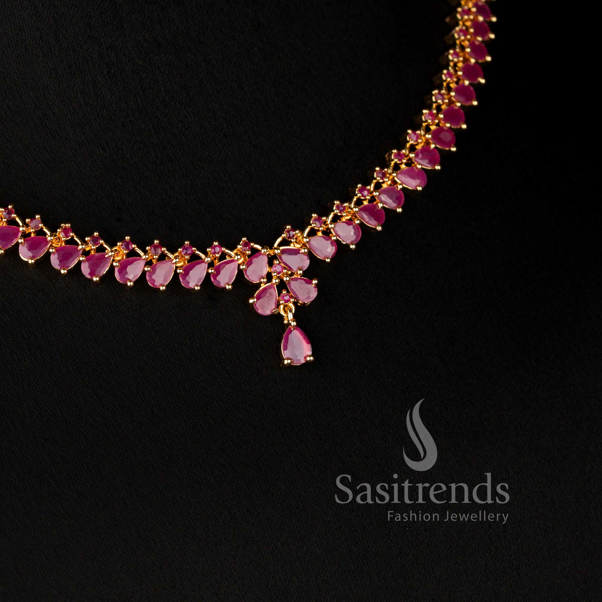 Elegant Micro Gold Plated American Diamond Ruby Stone Tapered Drop Necklace Jewellery Set For Festive Wear - Sasitrends - Image 4