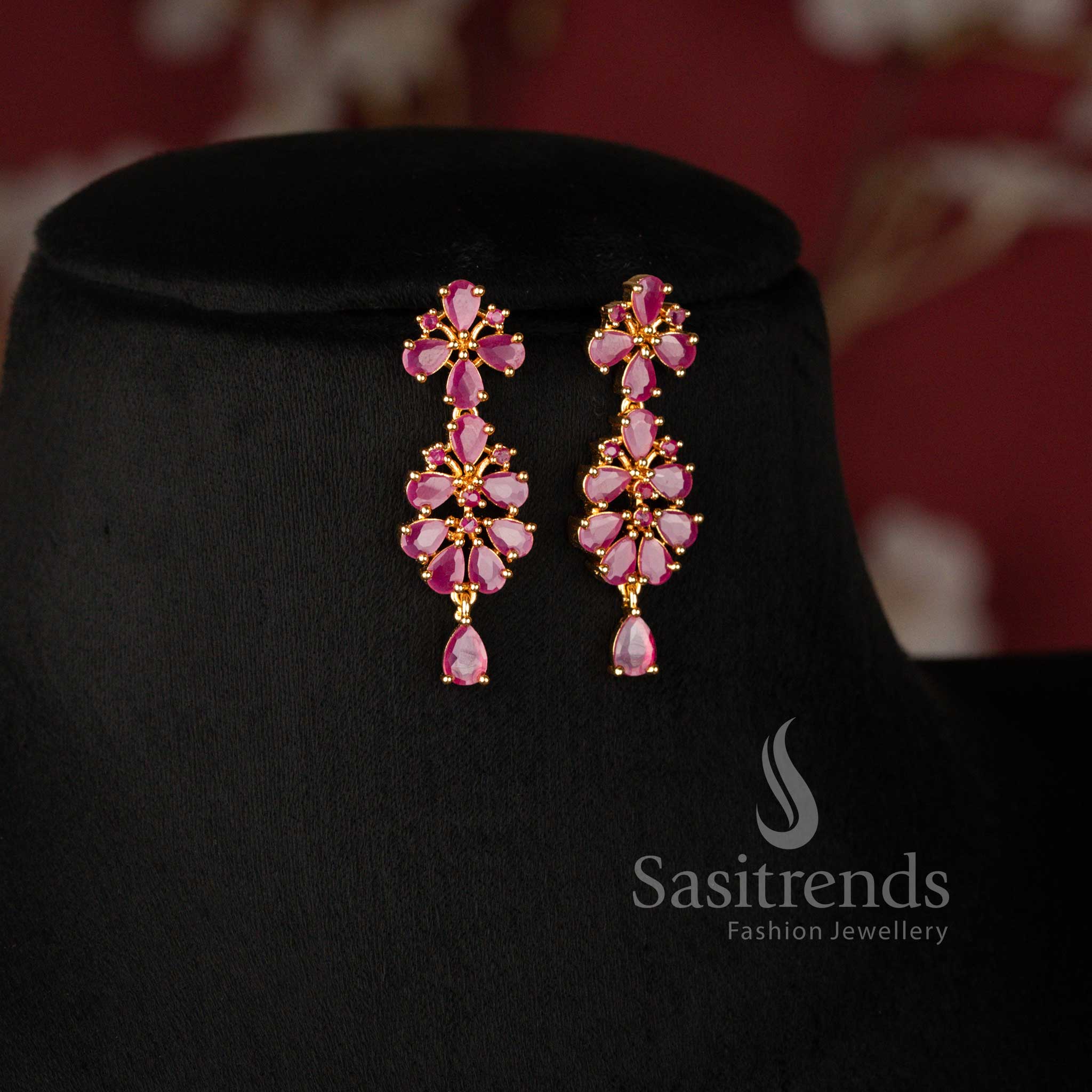 Elegant Micro Gold Plated American Diamond Ruby Stone Tapered Drop Necklace Jewellery Set For Festive Wear - Sasitrends - Image 5
