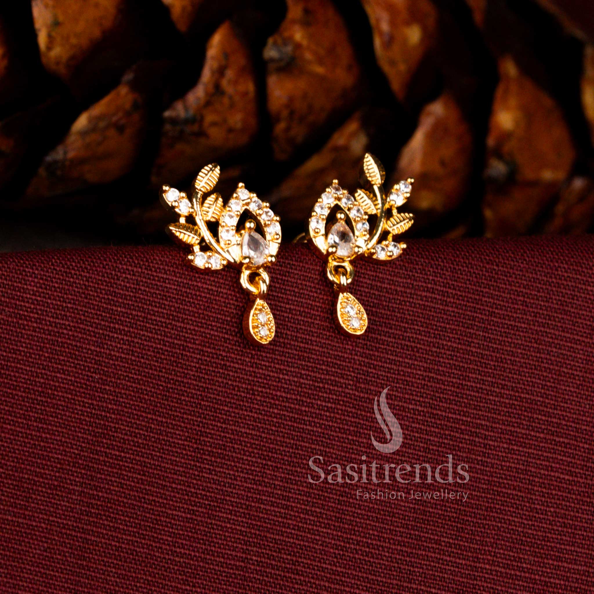 Charming 24K Micro Gold Plated American Diamond Leaf Vine Drop Earrings with Pear Stone Centre & Teardrop Dangler | Office & Festive wear - Image 2