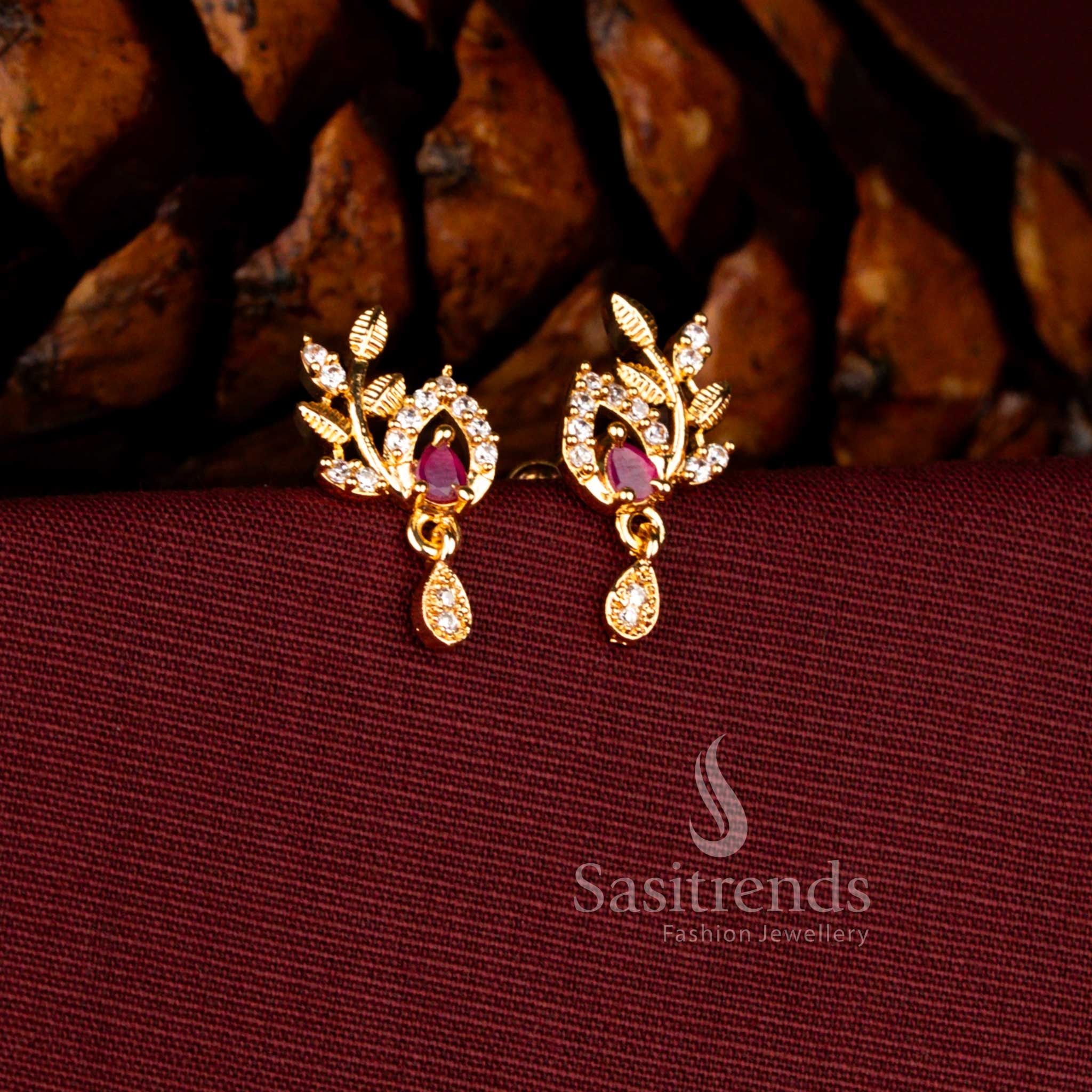 Charming 24K Micro Gold Plated American Diamond Leaf Vine Drop Earrings with Pear Stone Centre & Teardrop Dangler | Office & Festive wear - Image 3