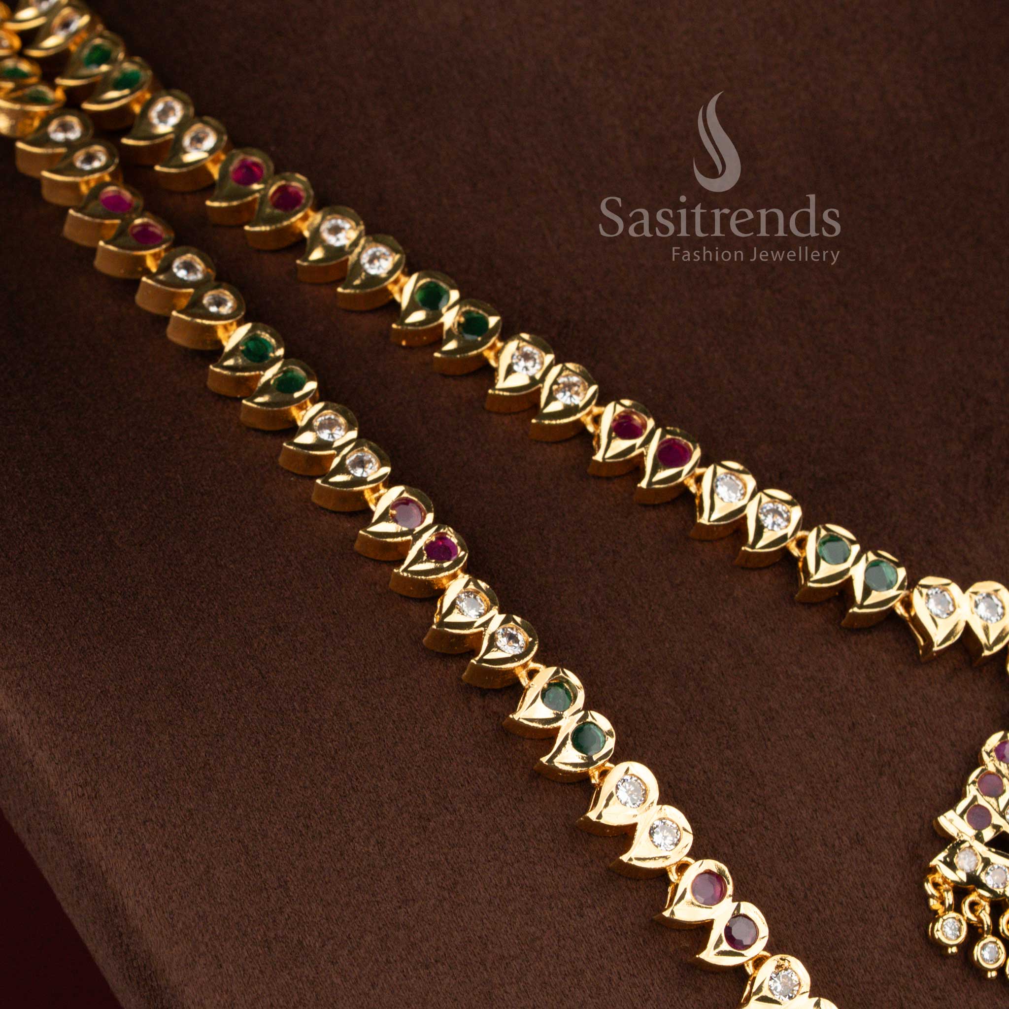 Grand Impon Attigai Micro Gold Plated Short & Long Combo Necklace Set with Traditional Mango Pattern Chain and AD Stone Studded Fan Shaped Pendant - Image 11