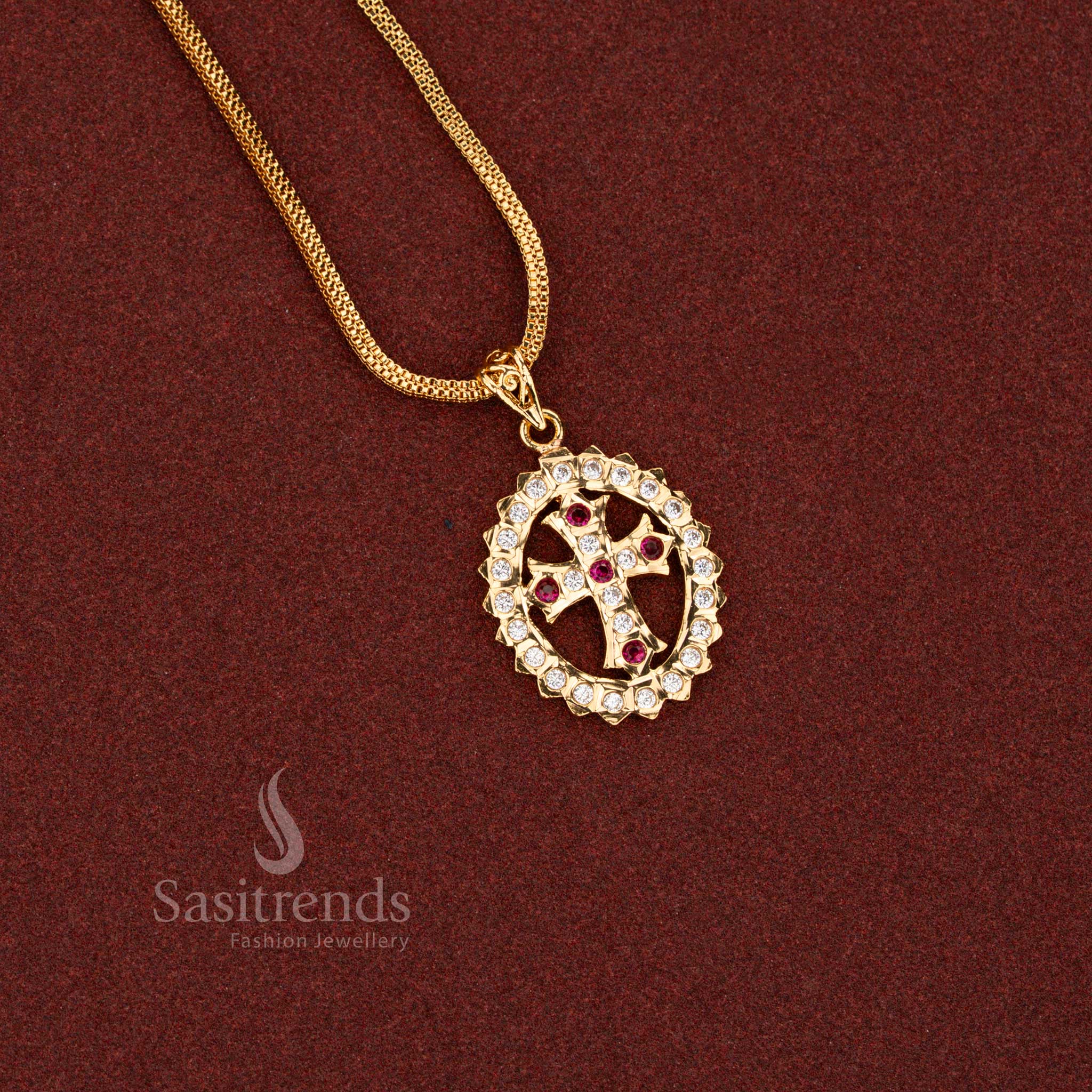 Impon Addigai Micro Gold Plated Christ Cross Pendant with Oval AD Stone Frame and Structured 24 Inch Box Chain | Traditional Devotional Jewellery - Image 3
