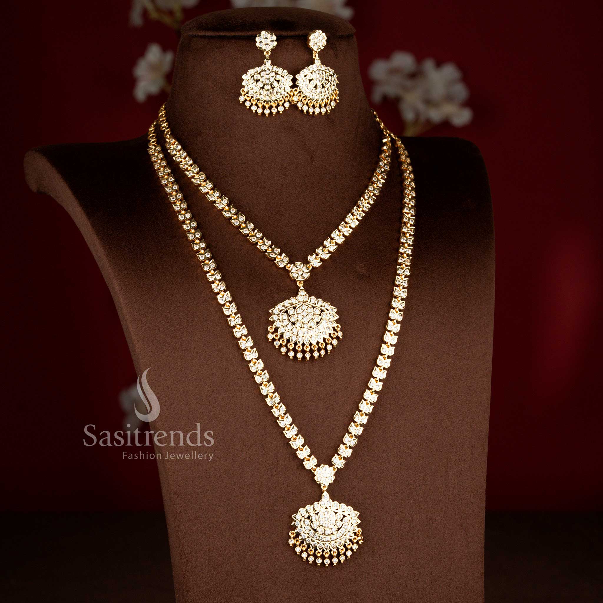 Traditional Impon Addigai Micro Gold Plated AD Stone Necklace Set with Structured Linked Chain Design and Circular Dome Pendant | Guaranteed Real Gold Look - Image 2
