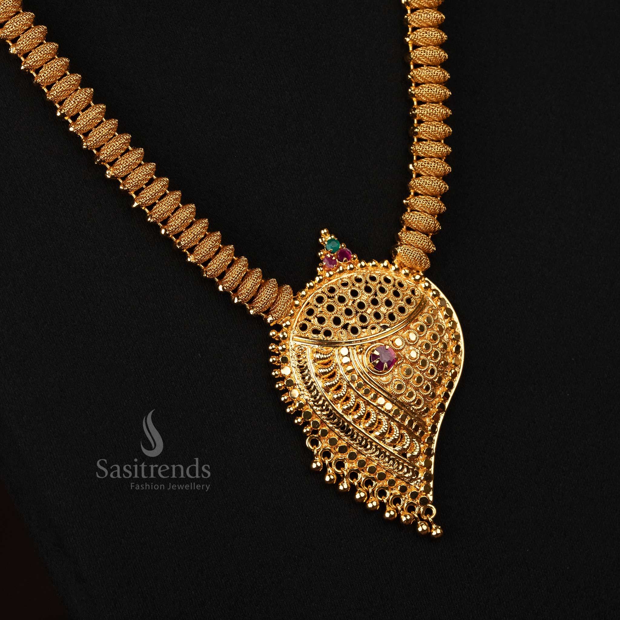 Guaranteed Micro Gold Plated Long Necklace with Conch Pendant & Ruby AD Stone - Sasitrends - Image 2