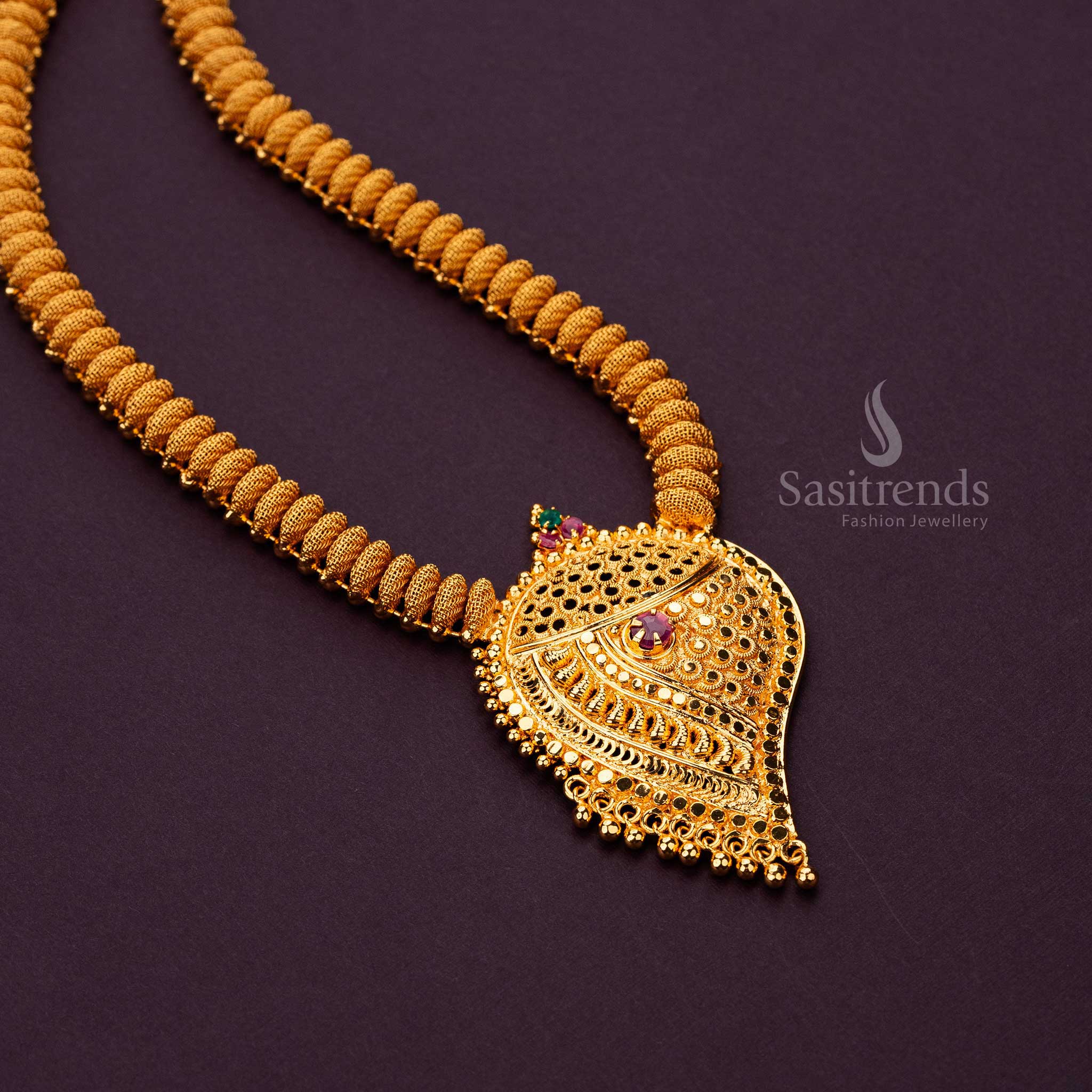 Guaranteed Micro Gold Plated Long Necklace with Conch Pendant & Ruby AD Stone - Sasitrends - Image 4
